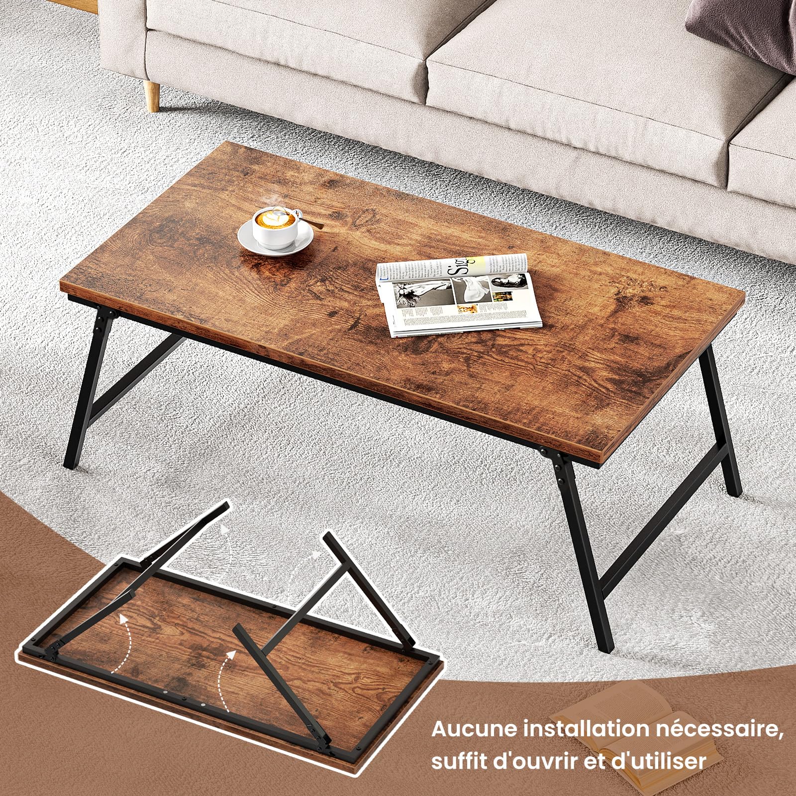 Table Basse Pliante, Petite Table de Salon, Pieds Verrouillables, 80×40×40 cm, Aucun Assemblage Requis, Table D'appoint de Canapé en Bois avec Pieds Pliables, Marron Vintage