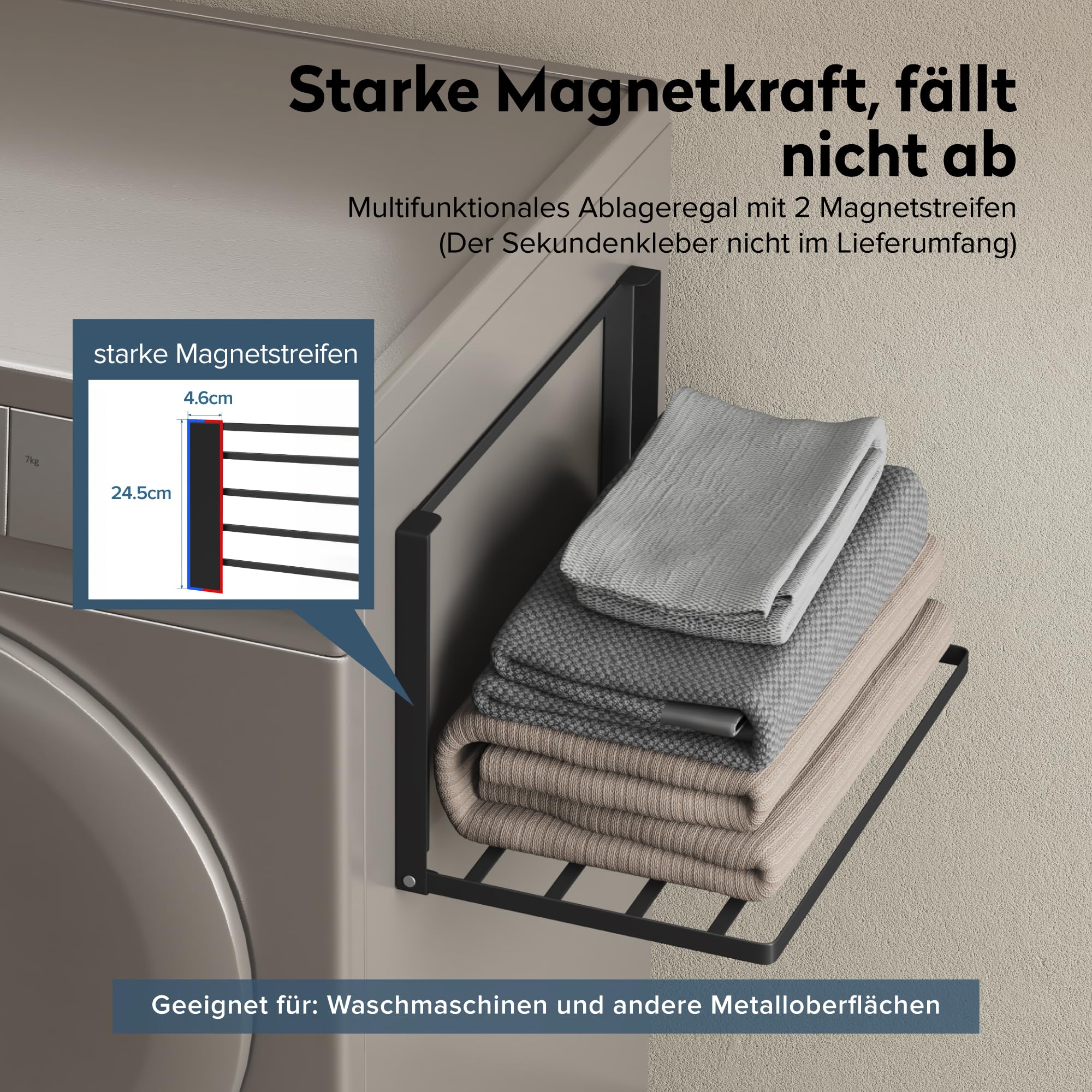 doporro Handtuchhalter ohne Bohren, Handtuchhalter magnetisch als Magnet Regal Waschmaschine, selbstklebend und bohrfreie Montage, Handtuchhalter Wand klappbar für Bad Küche, Matt Schwarz, Folda-01