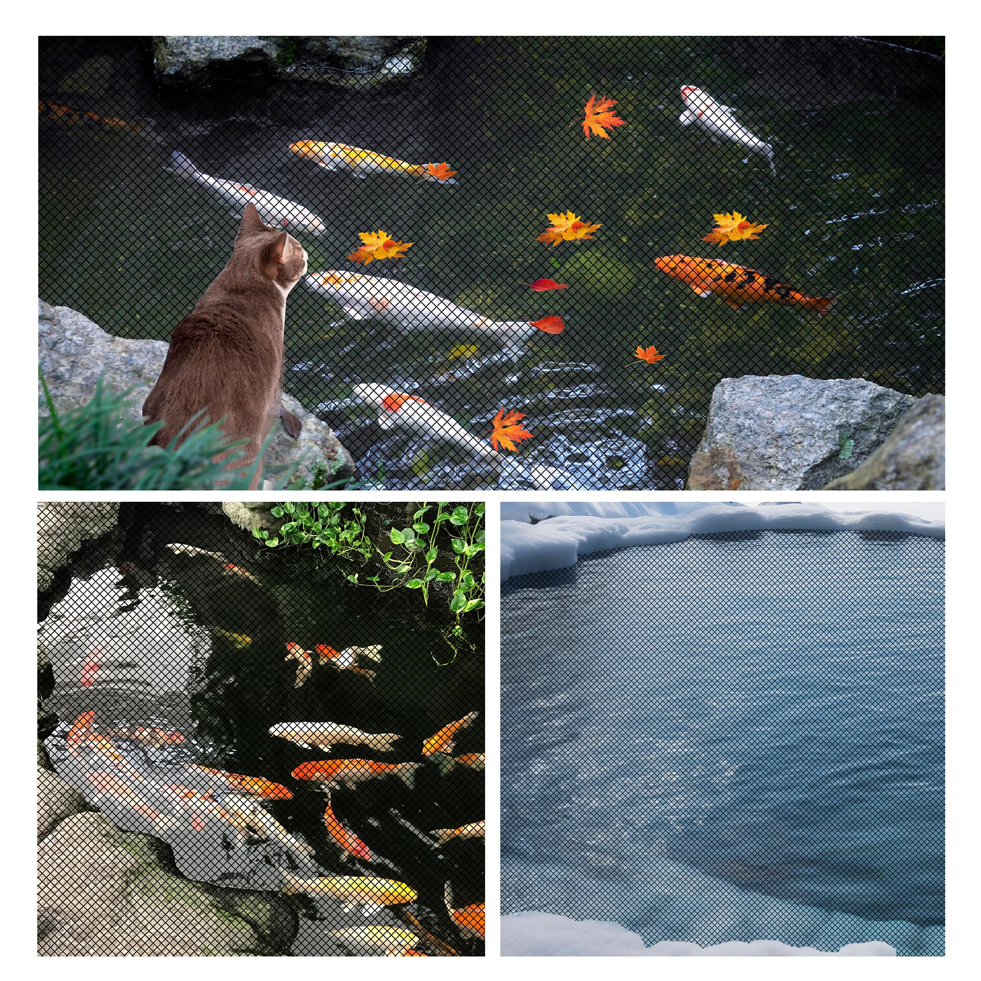 Kit de red de estanque de 10 x 10 pies y 10 x 20 pies, red de malla fina de polietileno de alta densidad resistente para estanques koi, protege a los peces de mapaches y garzas, incluye
