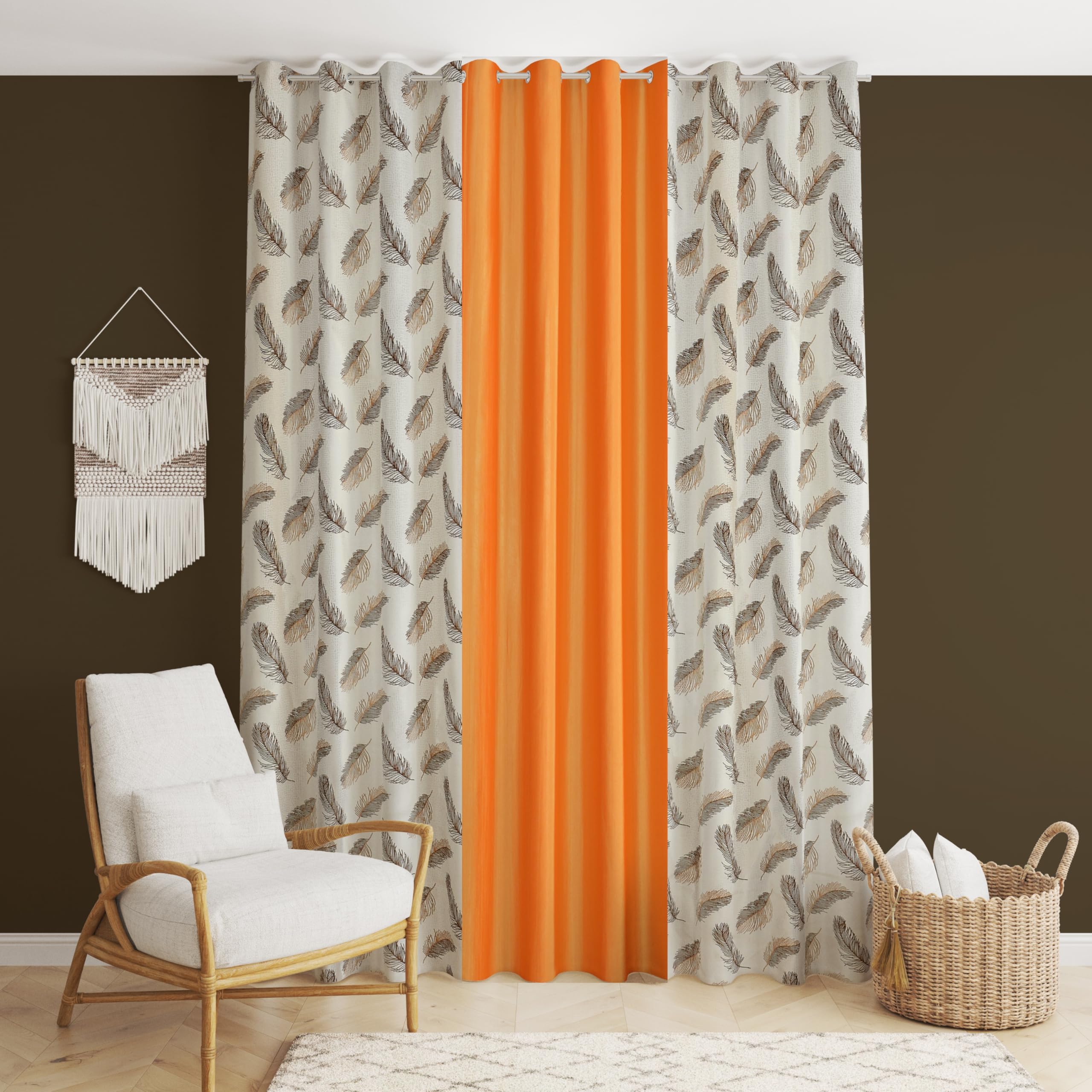 YUKANY Polyester Feather Printed Curtains 5 Feet Long Set of 3 for Window & Door, Living Room, Bedroom | Eyelet | Parda | Brown & Orange (B0D3WSMGYW) Amazon Price History, Amazon Price Tracker