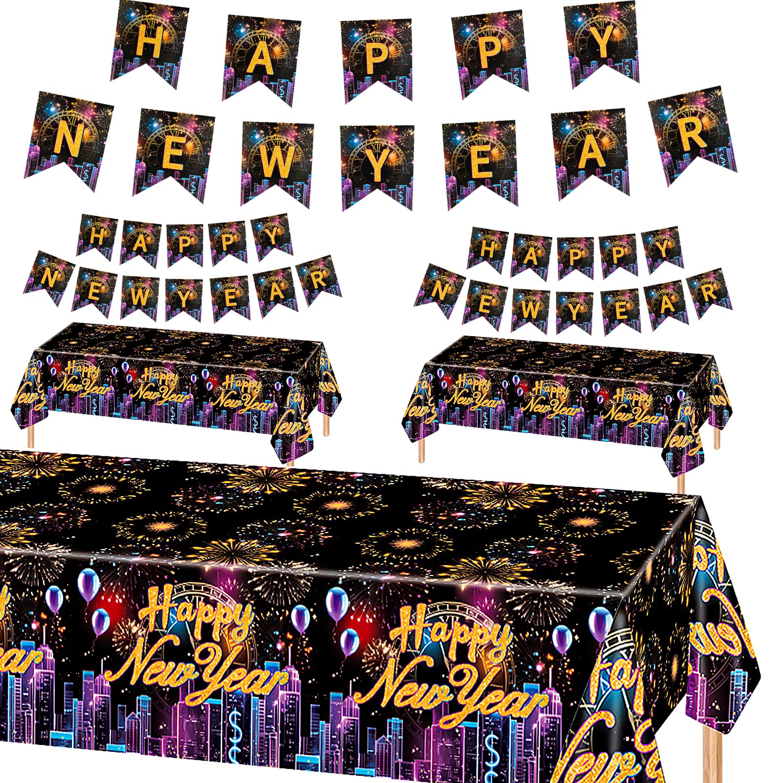 3 Pack Happy New Year Tablecloth With Banners | Black Gold 2025 Party Supplies Disposable Decor