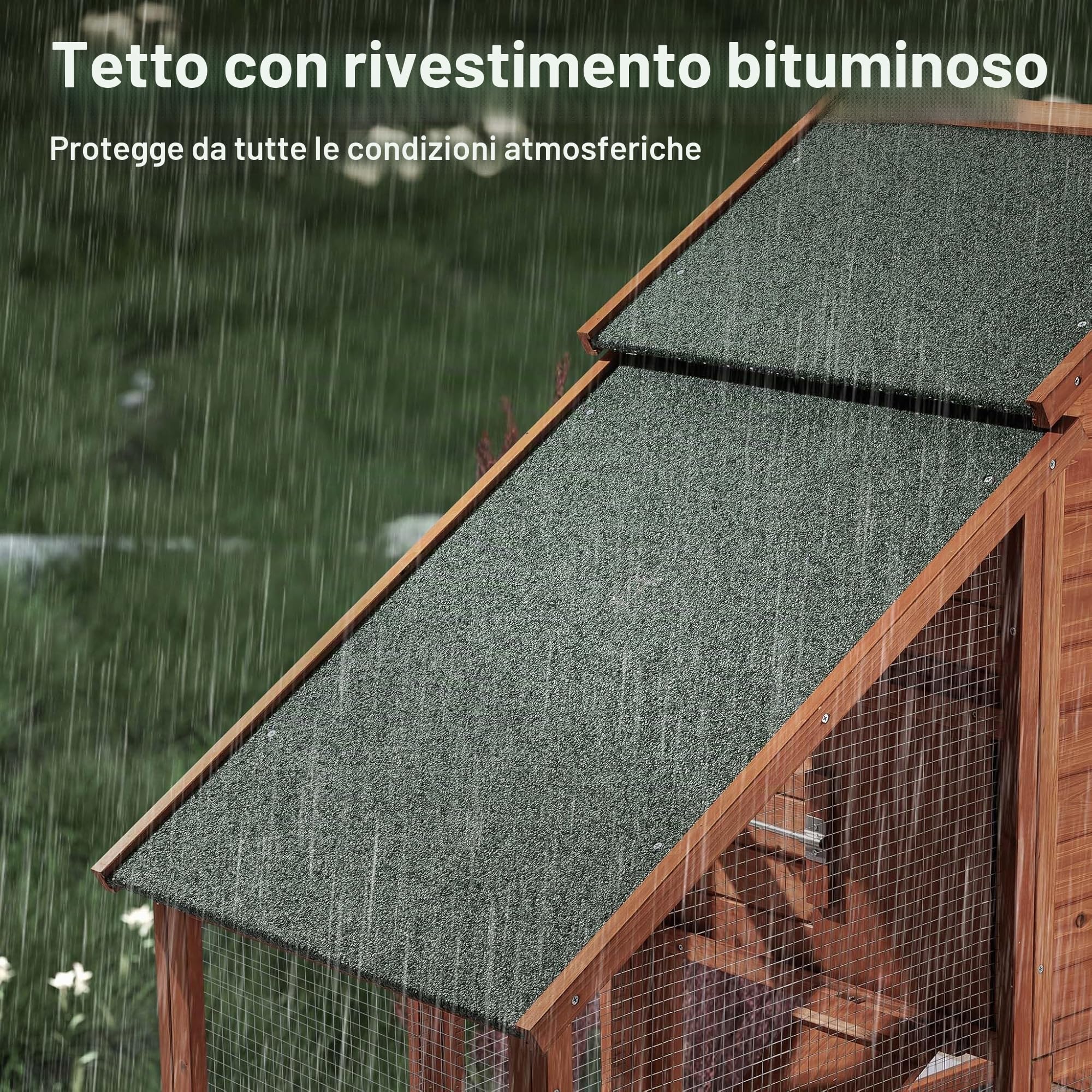 Pollaio con spazio esterno e nido, in abete, 1720x660x1200mm, griglia e vasca galvanizzate