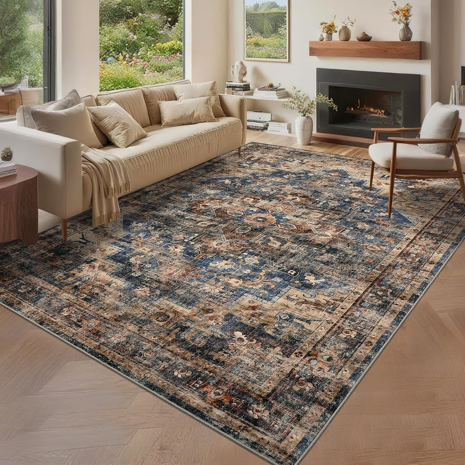 GarveeHome 9x12 Washable Vintage Living Room Area Rug: Vintage Machine Washable Area Rug for Living Room Indoor Large Non-Slip Bedroom Carpet Low Pile Stain Resistant Dining Room Carpet Blue&Brown Blue/Brown 9' x 12' (Rectangular)
