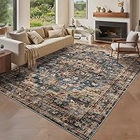 GarveeHome 9x12 Vintage Washable Area Rug - Machine Washable Non-Slip Low Pile Rug for Living Room Bedroom Dining Blue Brown