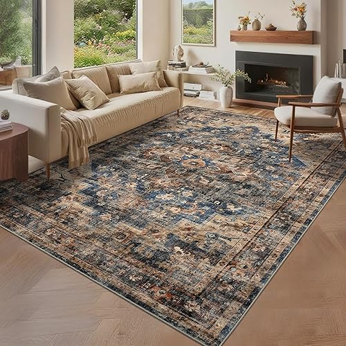 GarveeHome 9x12 Washable Vintage Living Room Area Rug: Vintage Machine Washable Area Rug for Living Room Indoor Large Non-Slip Bedroom Carpet Low Pile Stain Resistant Dining Room Carpet Blue&Brown