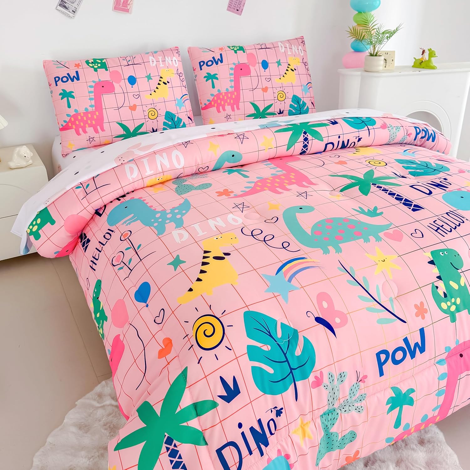 MWMWMW 5 Piece Pink Dinosaur Girls Comforter Set Full, Kids Comforter Sets for Girls, Bed in a Bag Full for Teens Kids Bedroom with 1 Comforter, 1 Flat Sheet, 1 Fitted Sheet and 2 Pillowcases