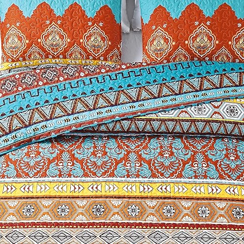 Miniatura 4 de Mocaletto Juego de edredón bohemio de lujo de 2 piezas de tamaño individual, elegante y reversible, con funda de almohada, colcha de rayas bohemias,