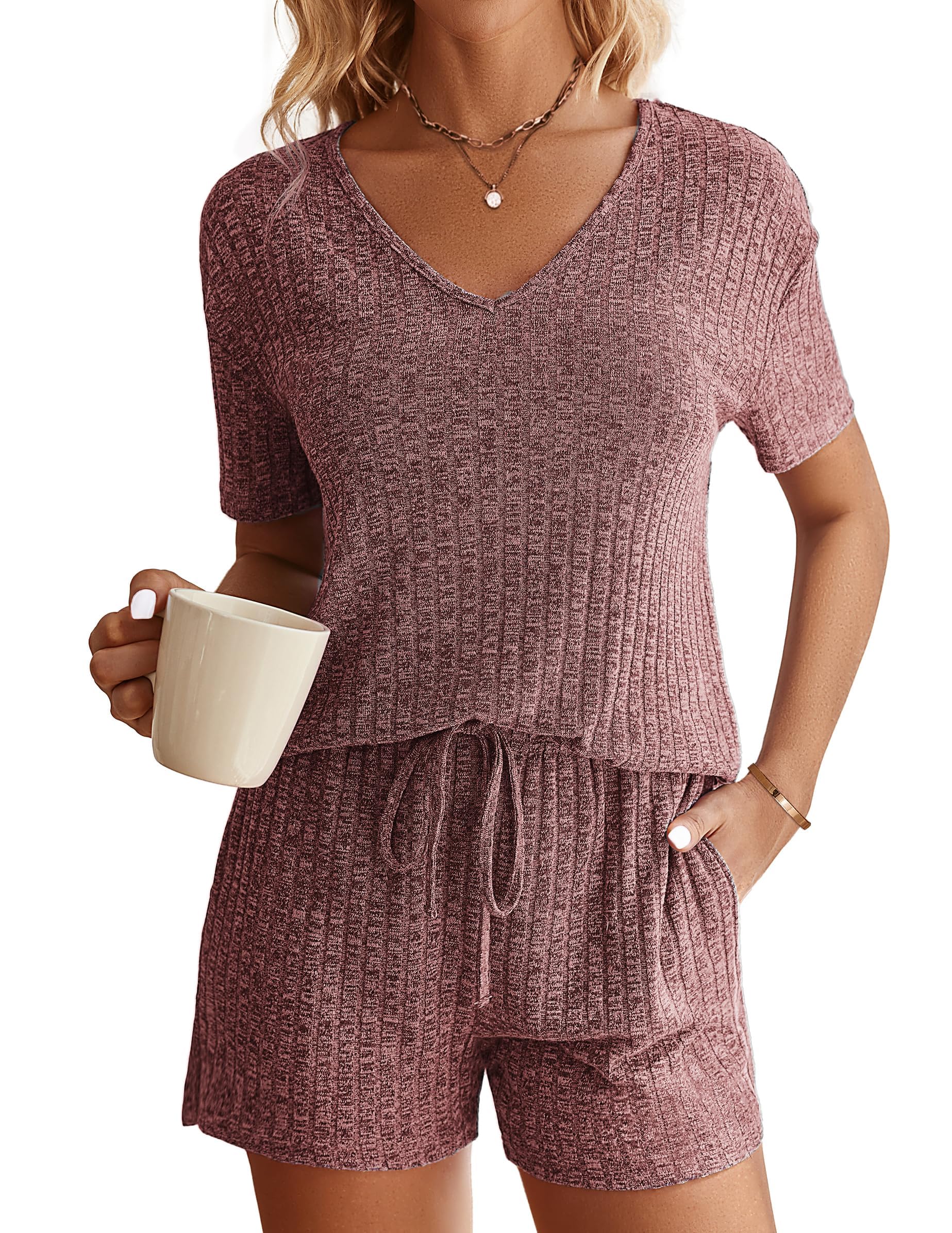 Ekouaer Schlafanzug Damen Rippen Kurzarm Pyjama Damen Sommer Hausanzug Kurz Lounge Set S-XXL