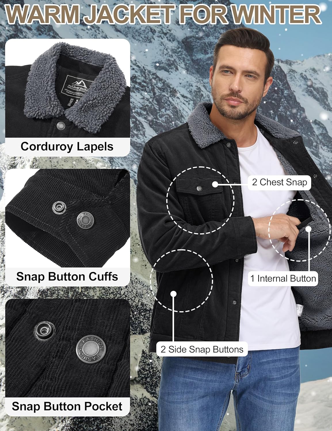TACVASEN Men's Corduroy Jacket Fleece Sherpa Lined Winter Coats Warm Cotton Casual Trucker Cargo Jacket with Multi Pockets - Image 6