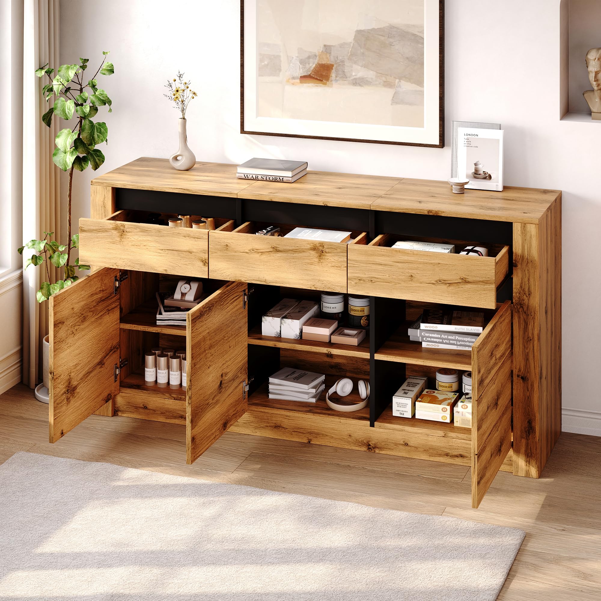 Merax Sideboard 140cm Breit, Buffetschrank mit 3 Schublade, 3 Türen, Küchenschrank mit Verstellbare Ablagen, Landhausstil Kommode, Aufbewahrungsschrank für Wohnzimmer Schlafzimmer Flur, Naturholzfarbe