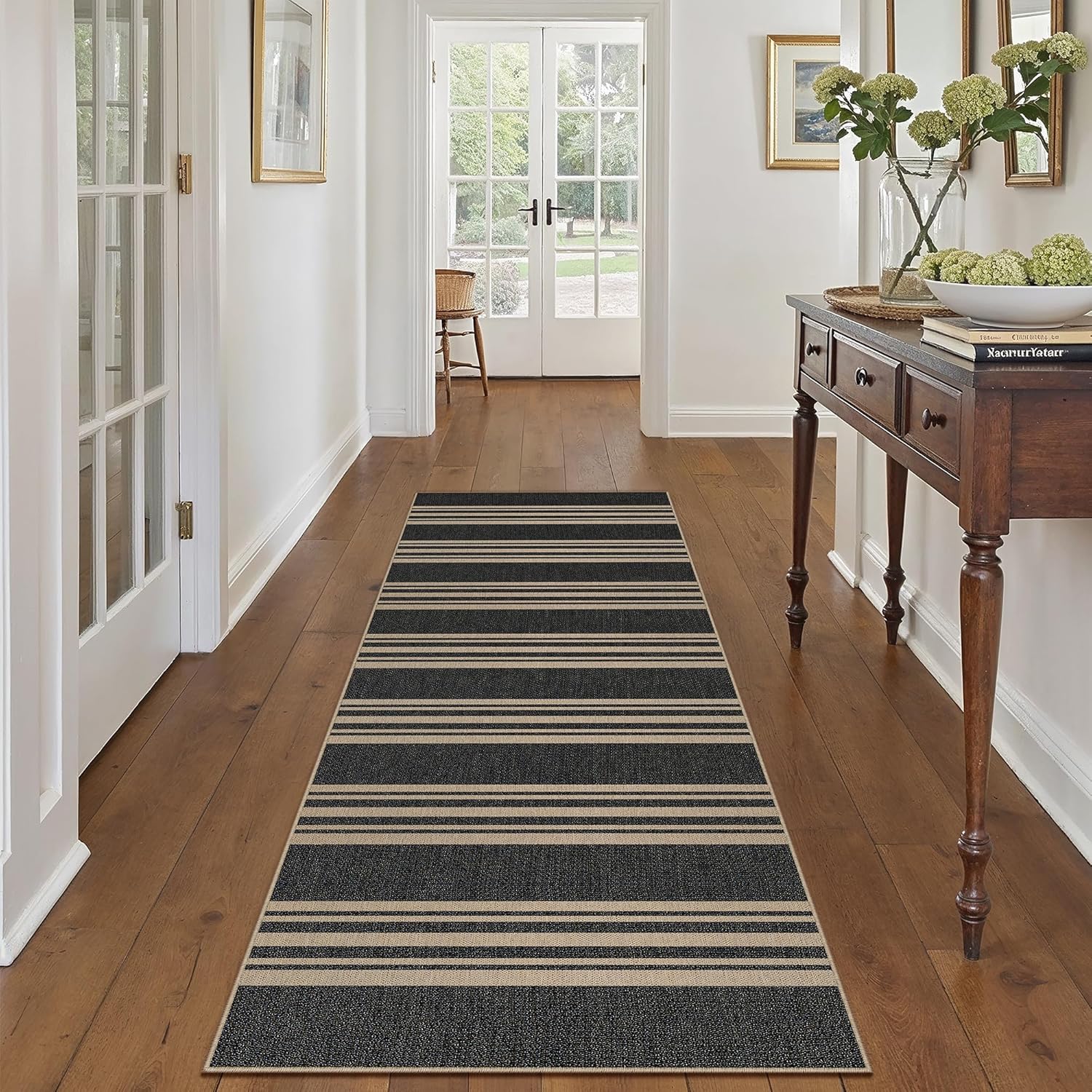 PureCozy Striped Easy Jute 2x6 Kitchen Runner Rug Black Washable Outdoor Carpet for Hallway Non Slip Farmhouse Neutral Non Shedding Indoor Outdoor Long Rug Bathroom Bedroom Laundry Entryway