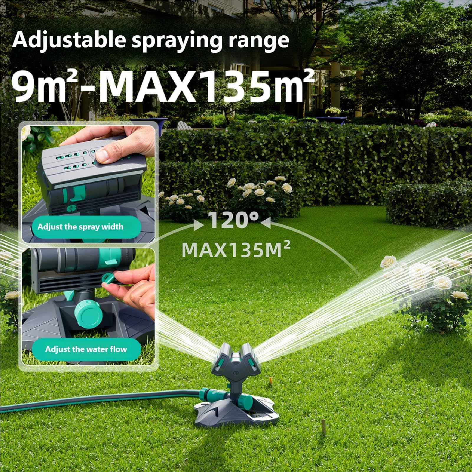 Irrigatore da giardino regolabile, sistema di irrigazione rotante a 360 gradi, base resistente per irrigazione del tubo esterno del cortile (6 punti, 50 m)