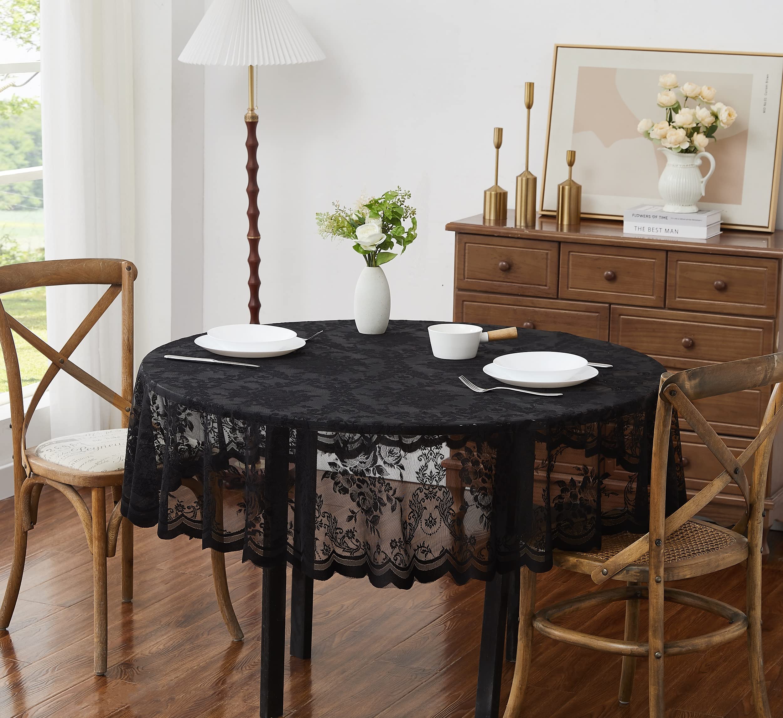 Linenzone Black Beautiful Round Lace Tablecloth With Elegant Scalloped Bottom For Any Special Event Such As Wedding, Birthday Party, Baby Shower, Anniversary. Sits 4 To 6 People. (Luna Tc 36 Round, )