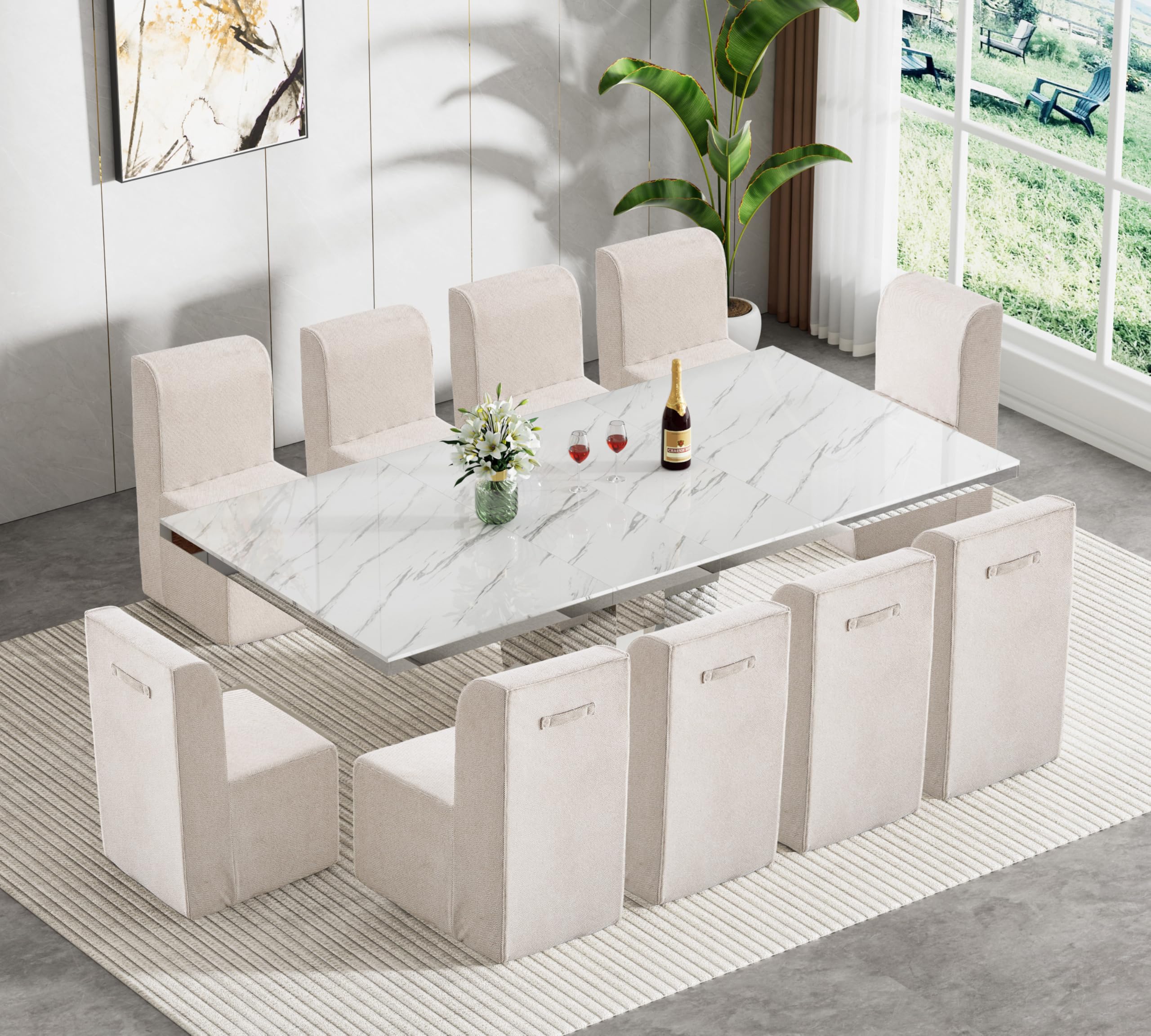 11-Piece Extendable Dining Table Set for 10, Modern 63"-94" White Marble Expandable Kitchen Table Set with 10 Sofa Chairs,Large Extendable Dining Room Tables with Mirrored Columnar Base