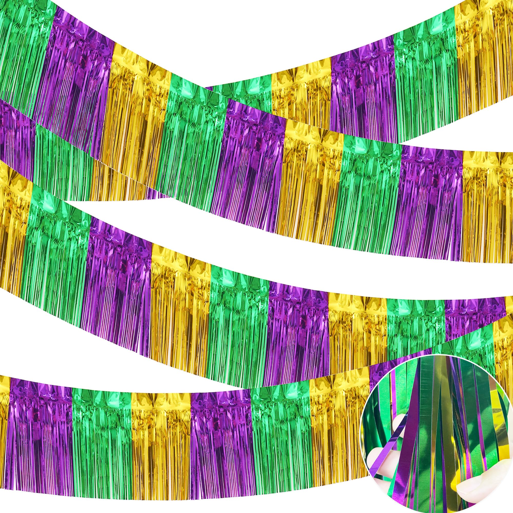4 Packs Total 39 Ft Mardi Gras Parade Floats for Trailer Car, Green Gold Purple Foil Fringe Garland Tinsel Streamers Banner Table Skirts for Halloween Graduation Homecoming Birthday Party Decor