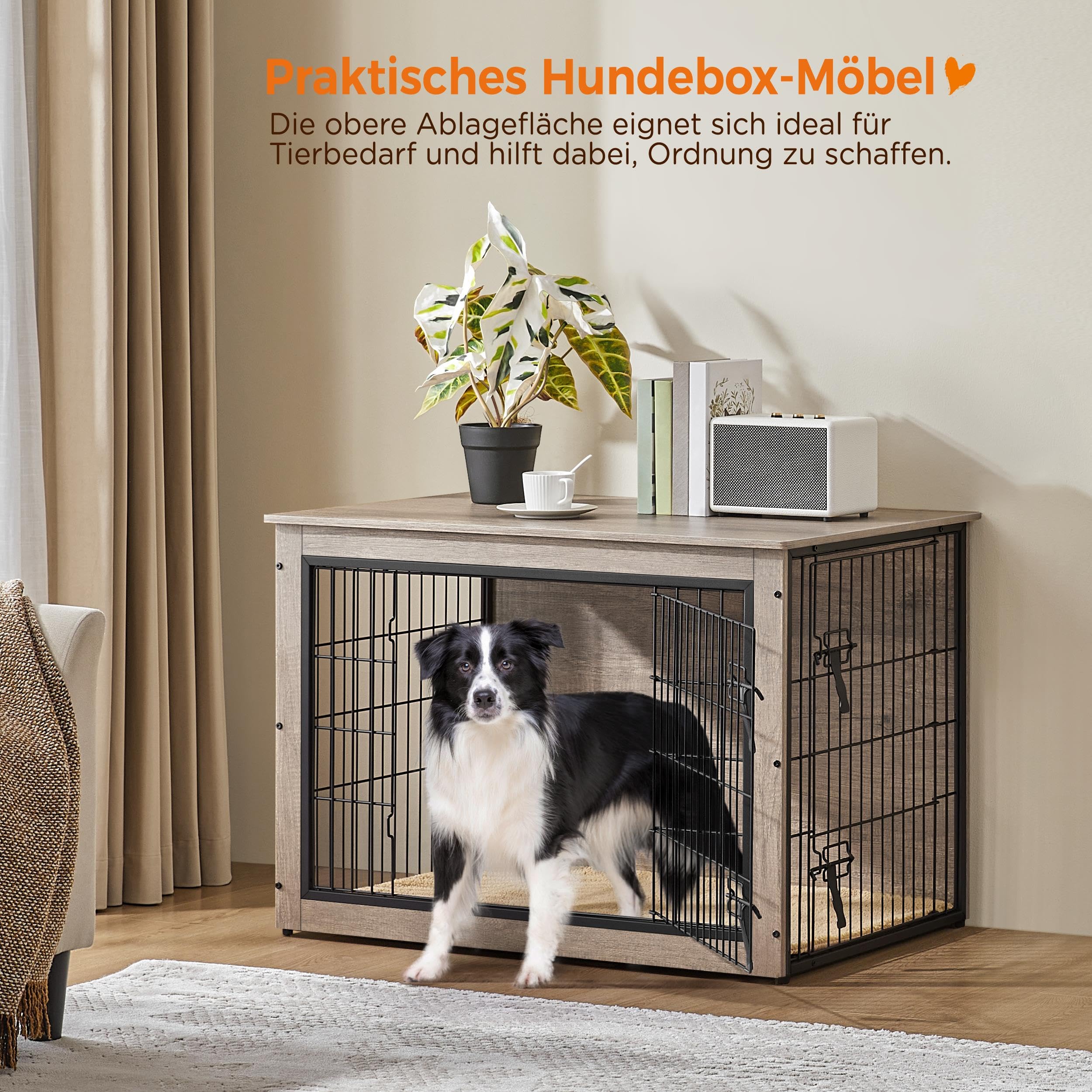 Yaheetech Hundekäfig Möbel mit Hundedecke & 2 Türen, Hundebox für Zuhause, Moderne Hundehütte Indoor, Hundebox Holz für Wohnzimmer, 96x65x68 cm, Grau