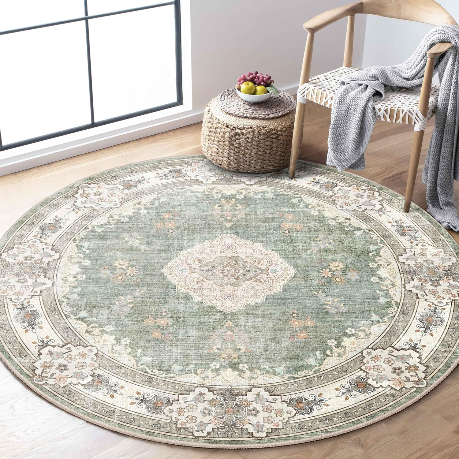 MUJOO Green Round Rug 4ft,Circle Washable Area Rugs for Bedroom Living Room Bathroom,Boho Small Non Slip Circular Carpet,Sage Floral 4'x4' Green