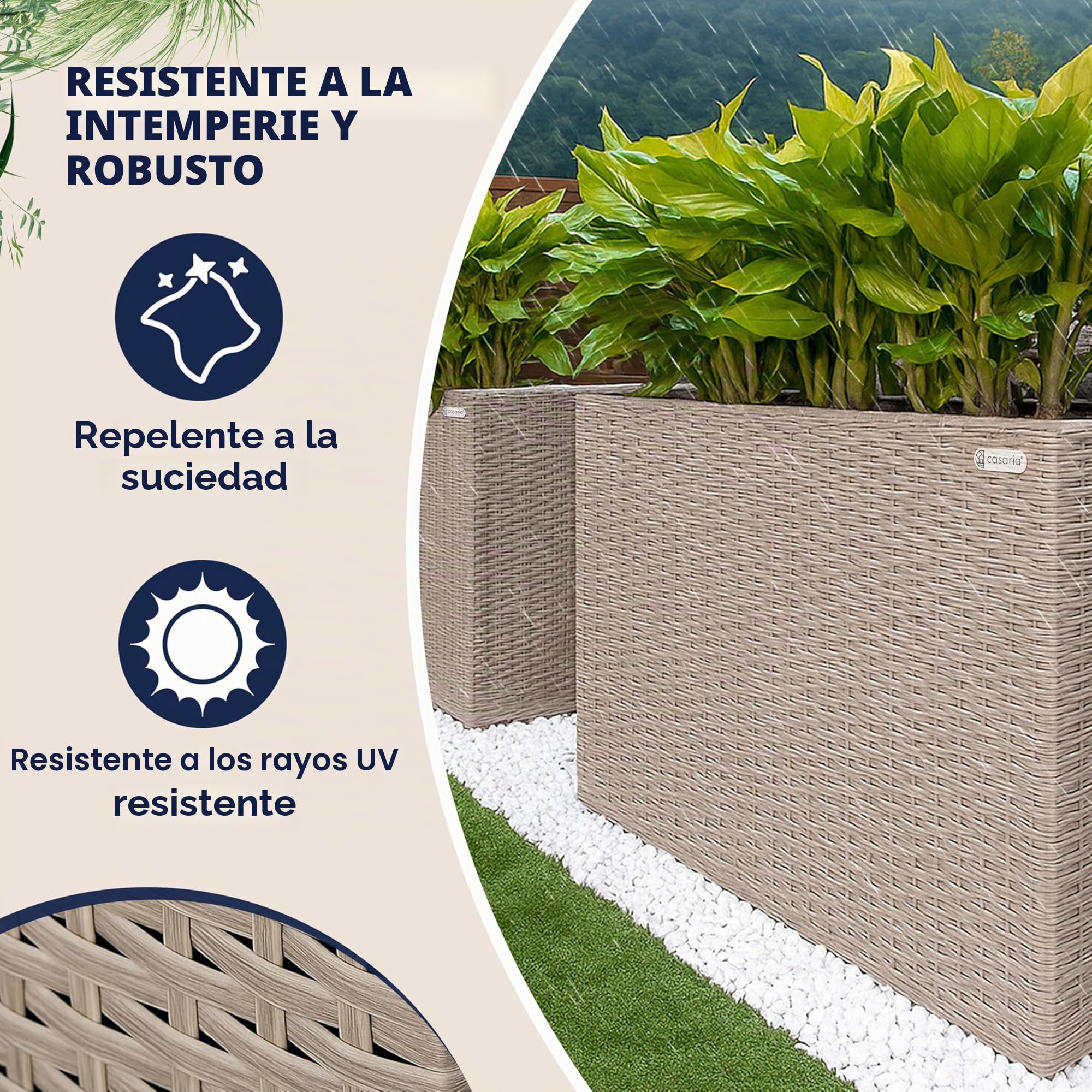 CASARIA Macetero de Poliratán para Exterior jardín 4 Macetas Drenaje de Agua 95 x 27 x 60 cm Jardinera Crema