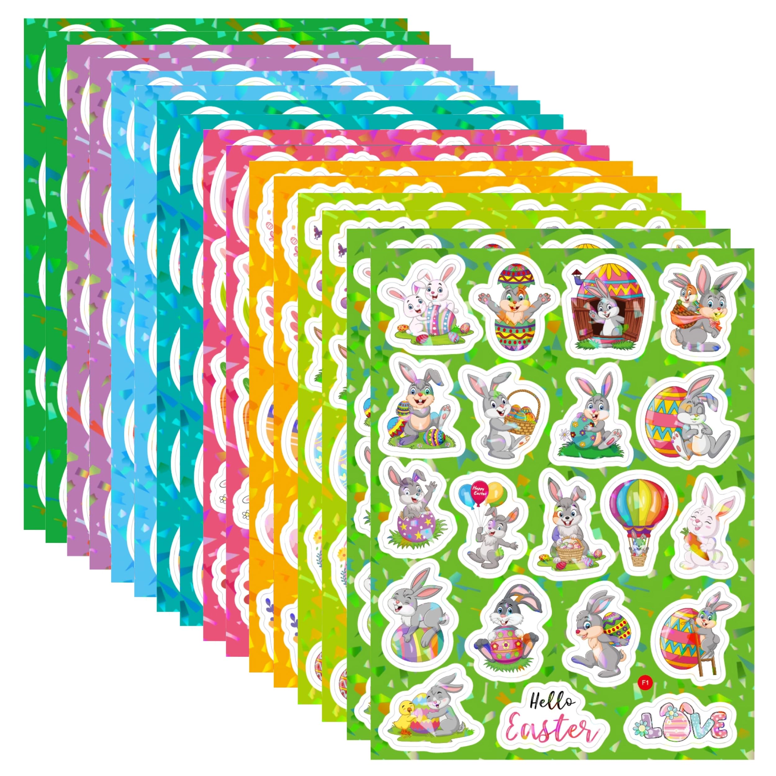 Masper Multicoloured Easter Stickers, 16 Sheet 320 Pieces Happy Easter Stickers, Waterproof Holographic Shiny Vinyl Easter Bunny Egg Stickers For Easter Decorations Gifts Cards Crafts Envelopes Sealing