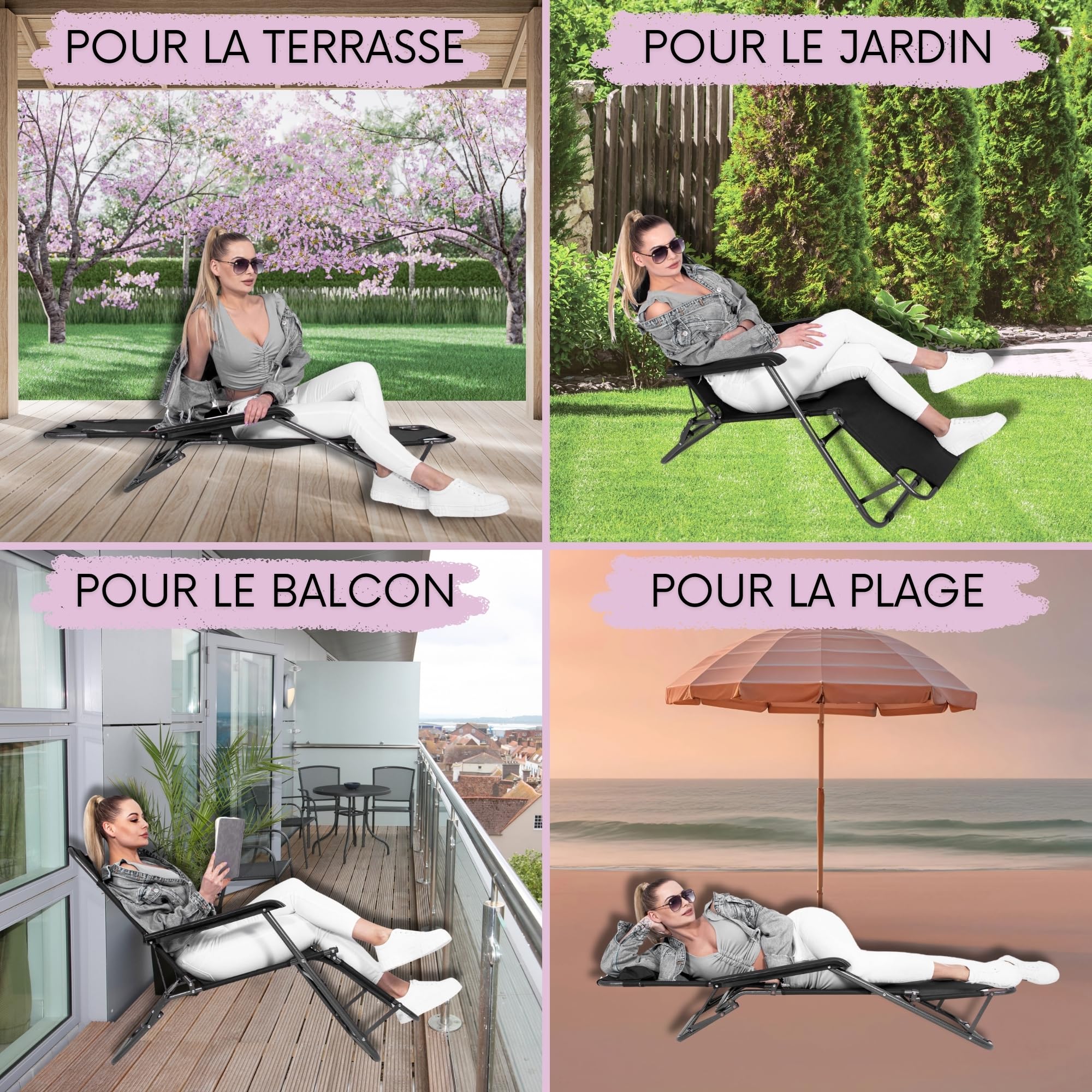 SPRINGOS Chaise Longue Pliable de Jardin avec accoudoirs – Fauteuil extérieur Pliable Confortable pour Le Jardin, terrasse et Camping, Chaise Longue réglable avec Support jusqu'à 120 kg