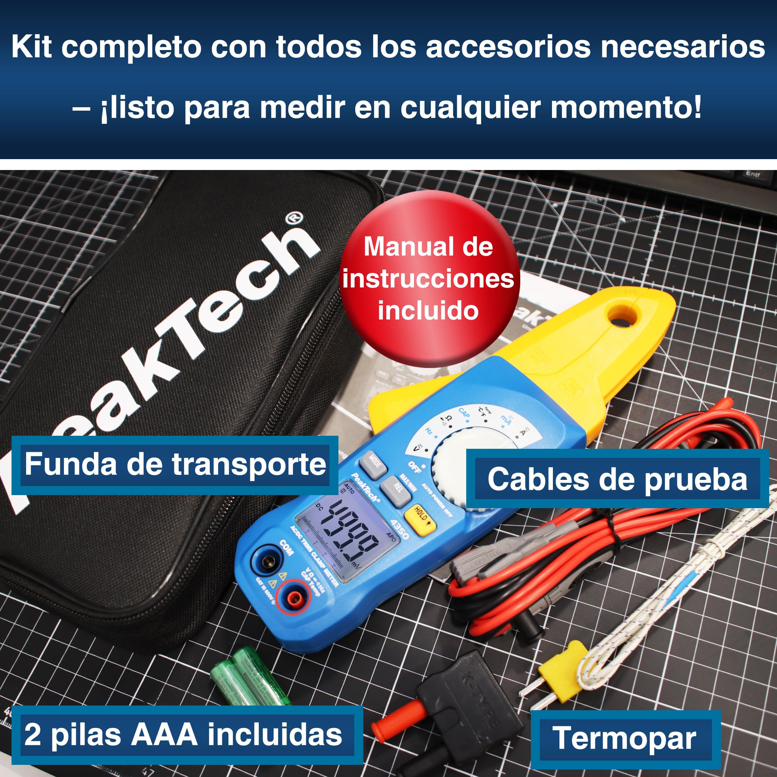 PeakTech 4350 – Pinza de corriente RMS 80A CA/CC, digital, amperimétrica, de corriente, rango automático, 4000 cuentas voltímetro sin contacto, probador de continuidad - Max 600V