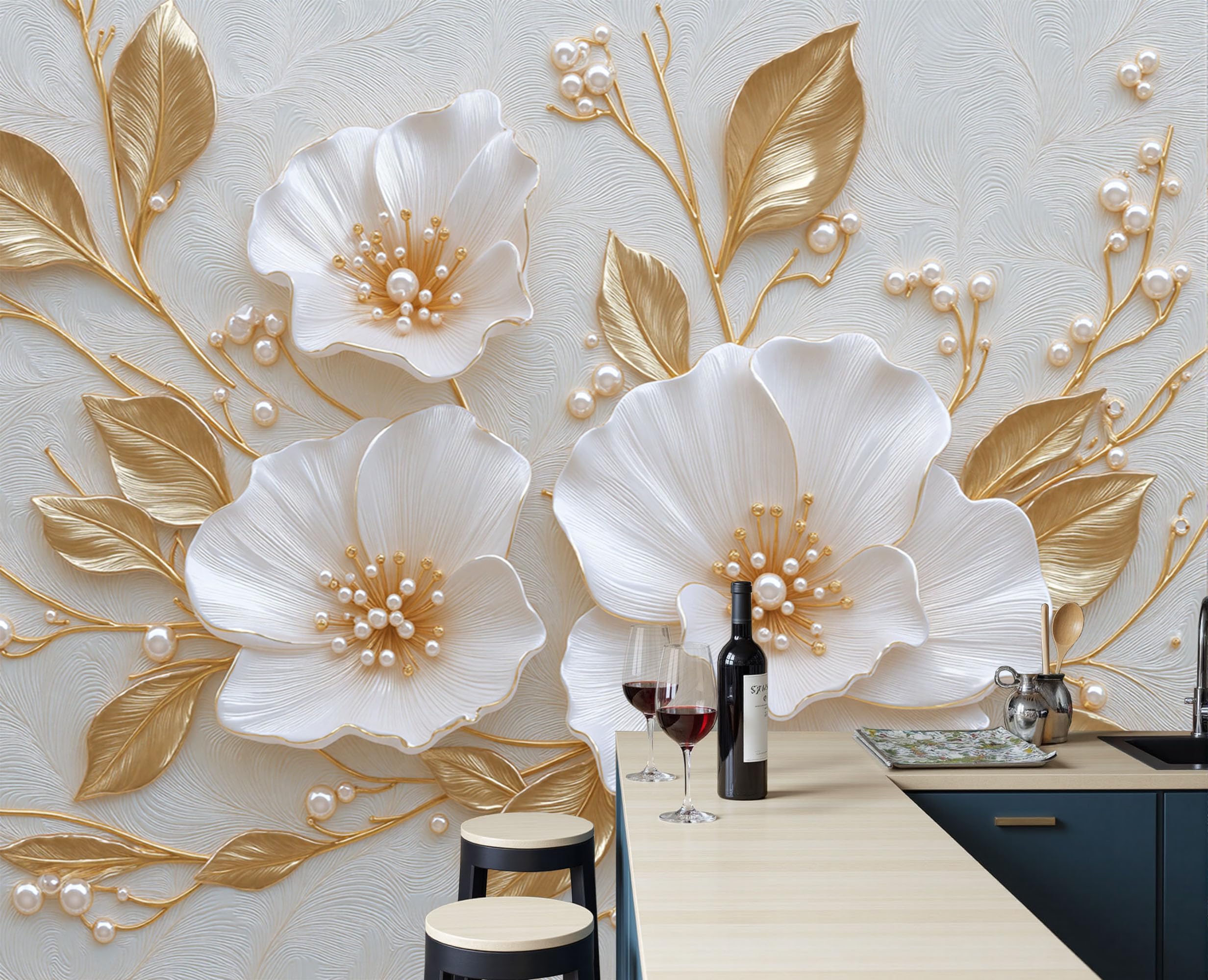 Papier peint panoramique relief floral nacré 3D luxueux botanique platine 200X140cm