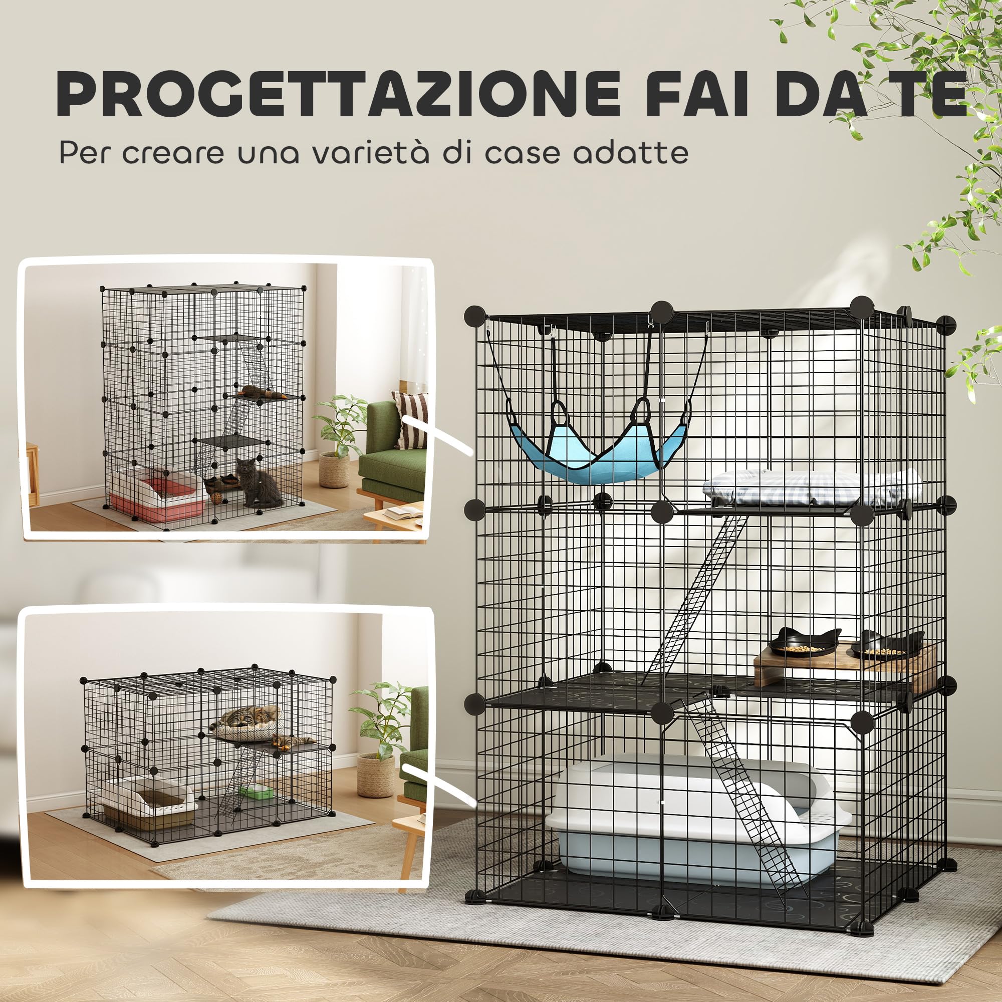PawHut Jaula para Gatos de 3 Niveles con Hamaca, Plataforma y escaleras, Jaula para Mascotas de Acero y PP, 70 x 70 x 105 cm, Negro y Azul