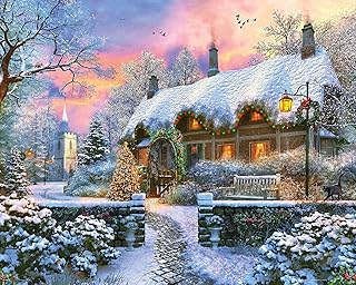 Springbok - Christmas Cottage - 1000 Piece Jigsaw Puzzle Illustration of Snow Covered Cottage Decorated for The Holidays