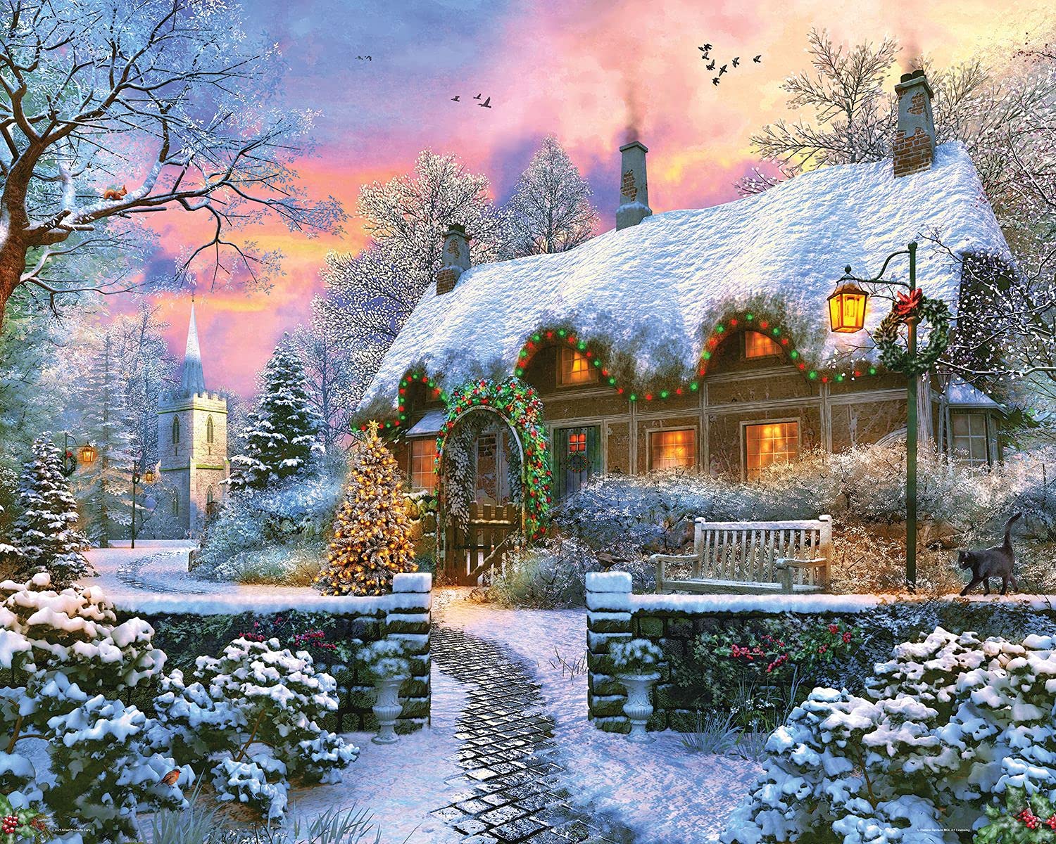 Springbok - Christmas Cottage - 1000 Piece Jigsaw Puzzle Illustration of Snow Covered Cottage Decorated for The Holidays