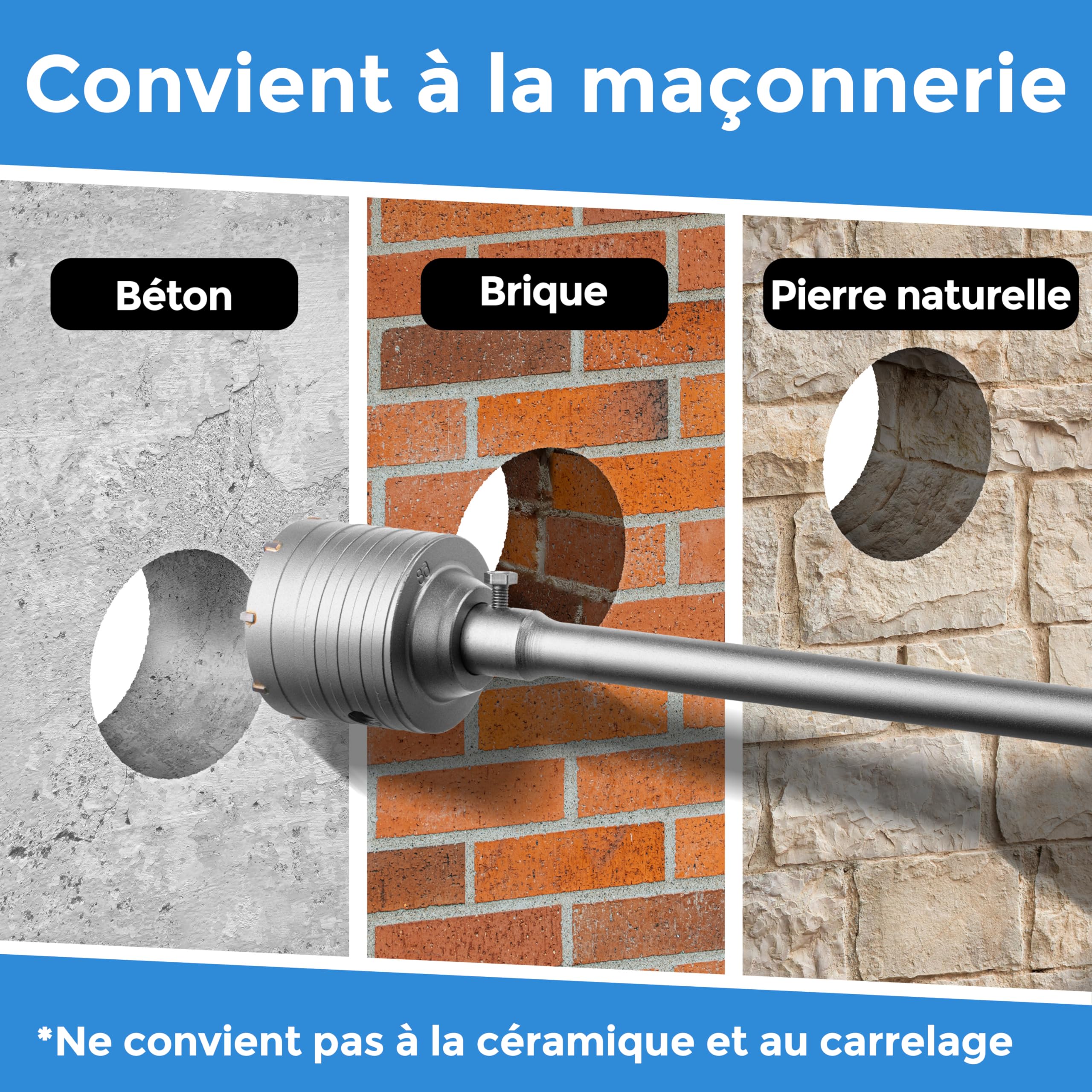 SDS Plus Tige d'extension pour foret creux, 600 mm de long avec filetage M22, foret central et vis
