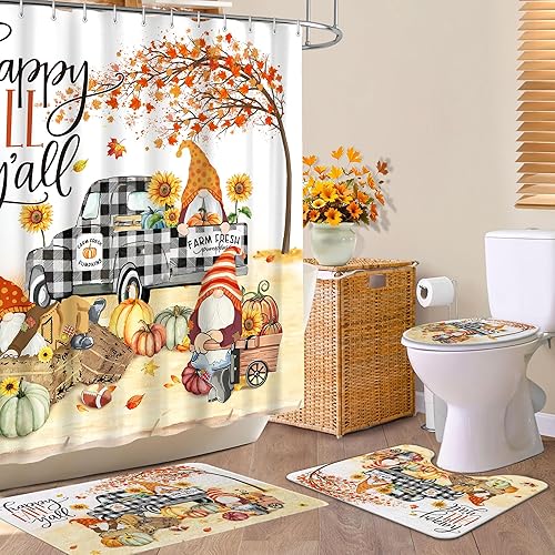 Miniatura 2 de Bonsai Tree Juego de 4 cortinas de ducha de otoño, decoración de baño de otoño, juegos de cortinas de ducha de gnomo con alfombras, juego de