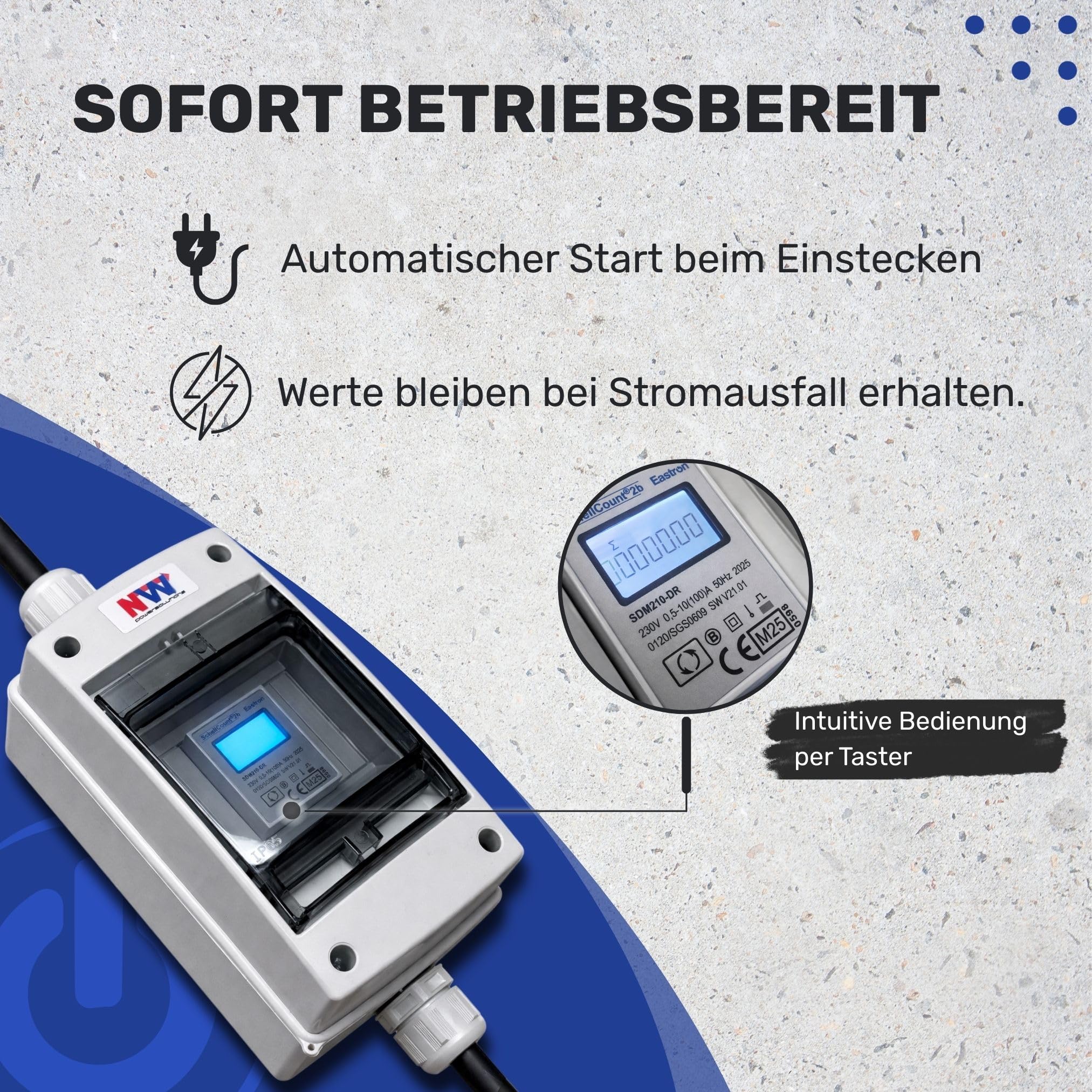 NWP Mobiler Schuko Stromzähler 230V digital MID-geeicht IP54 16A Energiezähler