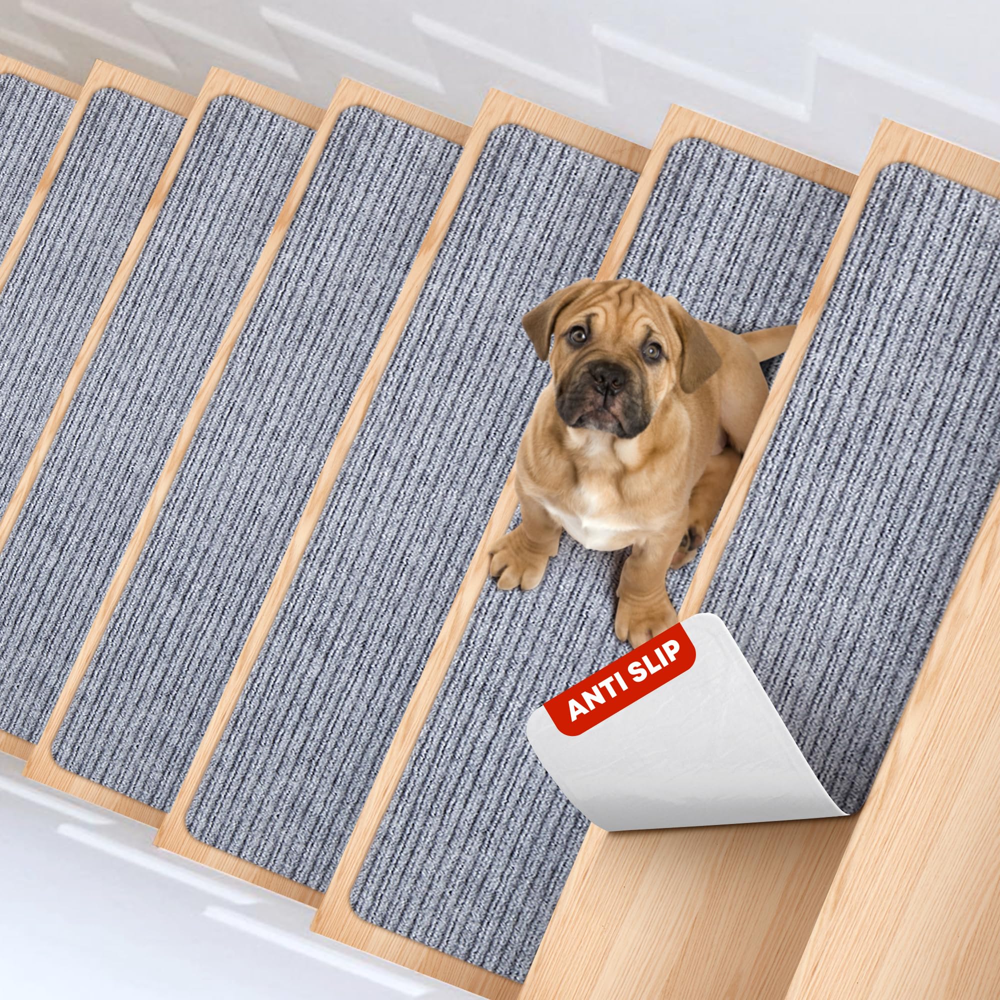 MBIGM 8" X 30" (7 in Pack) Non-Slip Carpet Stair Treads Non-Skid Safety Rug Slip Resistant Indoor Runner for Kids Elders and Pets with Reusable Adhesive - Light Gray