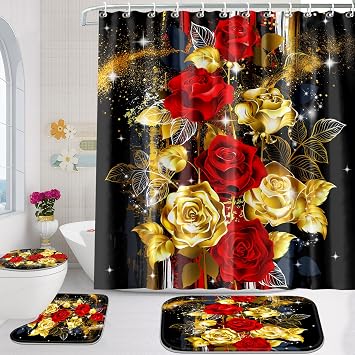 Poedist 4 Pcs Bathroom Set,Gold Dust Rose Shower Curtain Sets, Floral Shower Curtain Sets with RugsBath Mat,U Shape and Toilet Lid Cover Mat and 12 Hooks