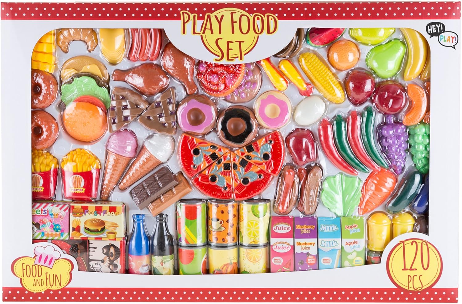 HEY! PLAY! Toy Food - 120-Piece Artificial Grocery Set for Kids Kitchen and Pretend Play - Includes Fresh, Boxed and Canned Food Items - Toddler Toys