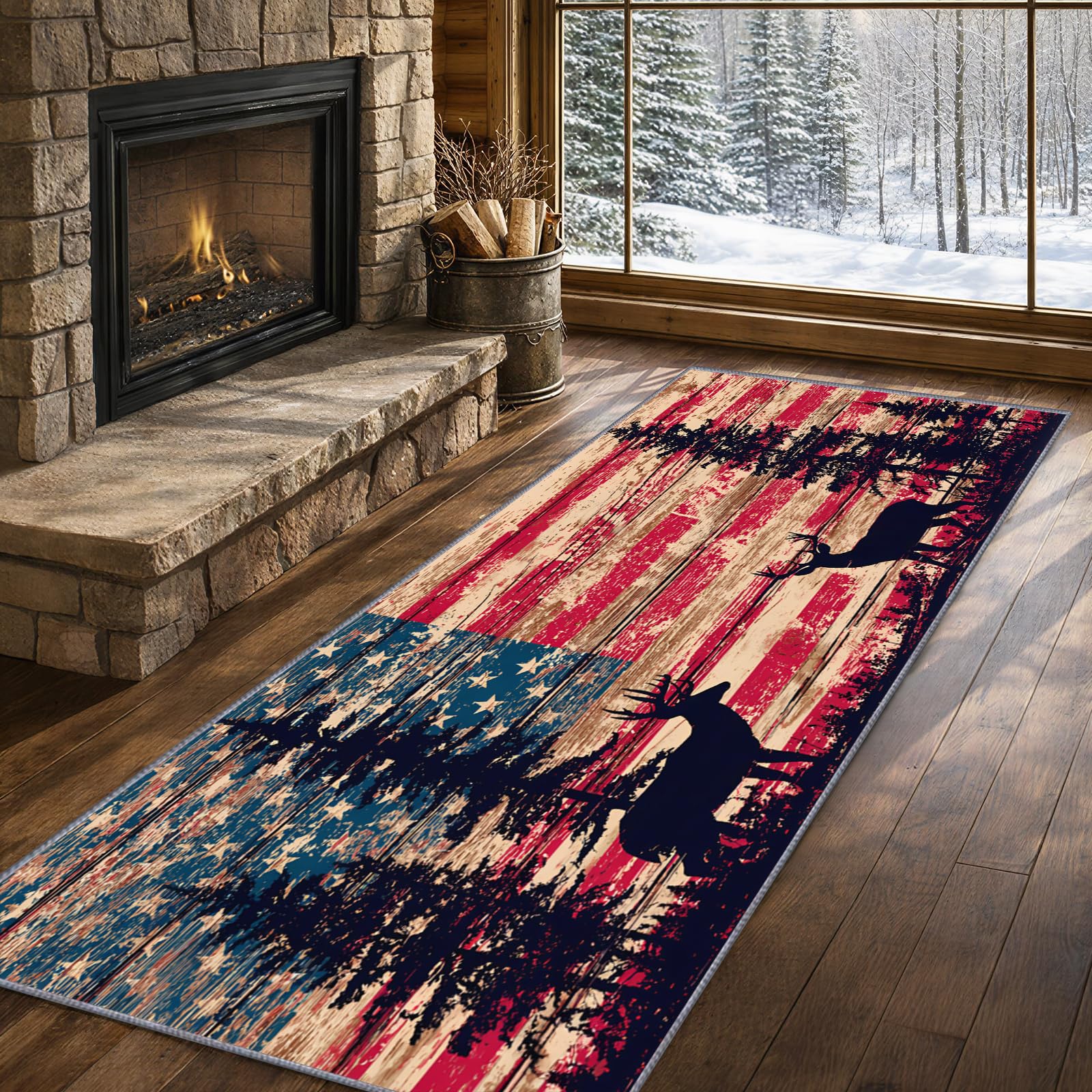 Hirsch Teppich Läufer 100x300cm, Vintage-Flagge Teppichläufer, Country Retro Elch Teppichläufer, Weicher Kurzflor Teppich für Wohnzimmer, Flur, Eingang, Esszimmer
