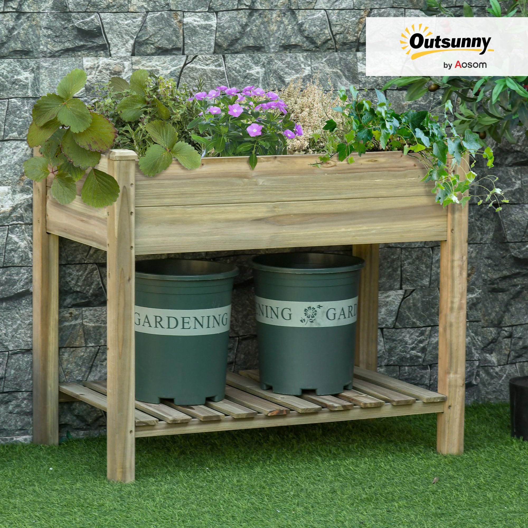 Outsunny Huerto Urbano de Madera con Estante Mesa de Cultivo Rectangular con Orificios de Drenaje para Cultivos Plantas Jardín Terraza Exterior Carga 80 kg 91x51x76 cm Natural