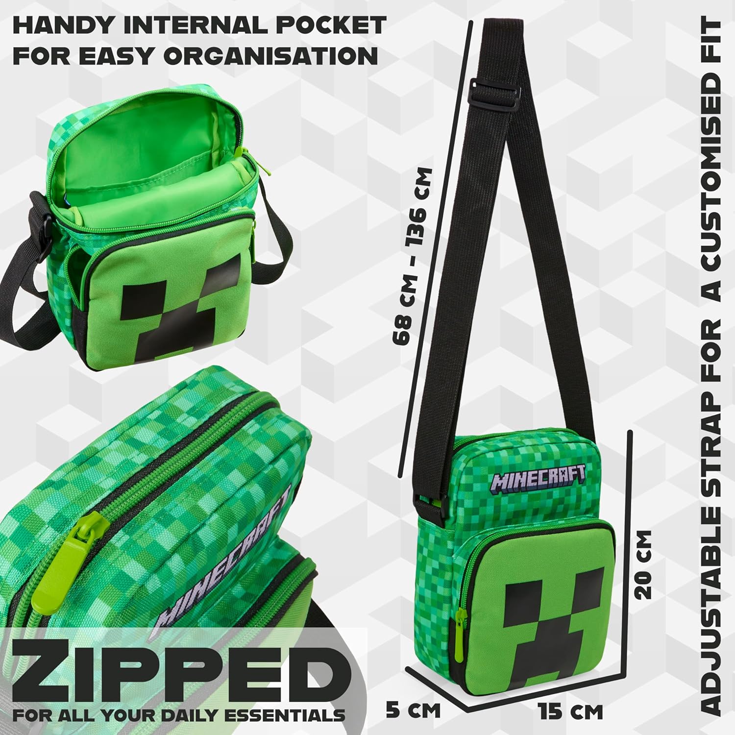 Minecraft Creeper Crossbody Bag for Teens, Phone Pouch or Mini Messenger Set, Shoulder Bag for Travel