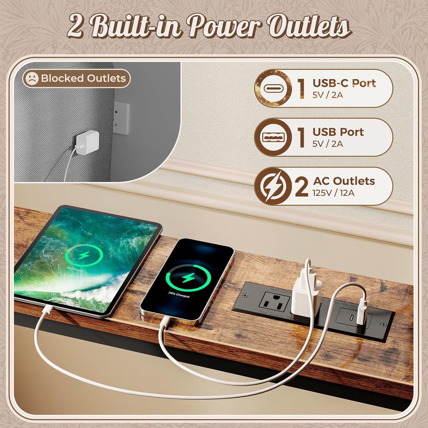 Huuger 78.7 Inch Behind Couch Table with Power Outlets, 23.9’’-34.4’’ Height Adjustable Range, Sofa Tables Narrow Long with USB-C Ports, Skinny Console Table, for Small Spaces, Rustic Brown