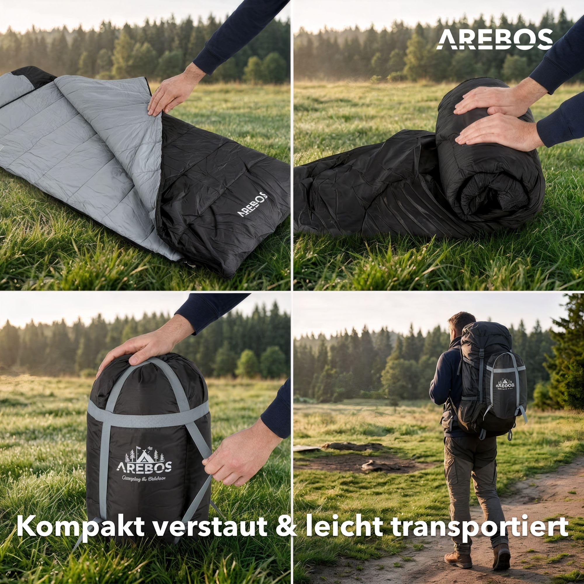 Arebos Schlafsack mit Kissen & Fleecedecke | Deckenschlafsack Erwachsene 220x83 cm | Camping Schlafsack | 0-25°C | wasserabweisend | inkl. Kompressionssack