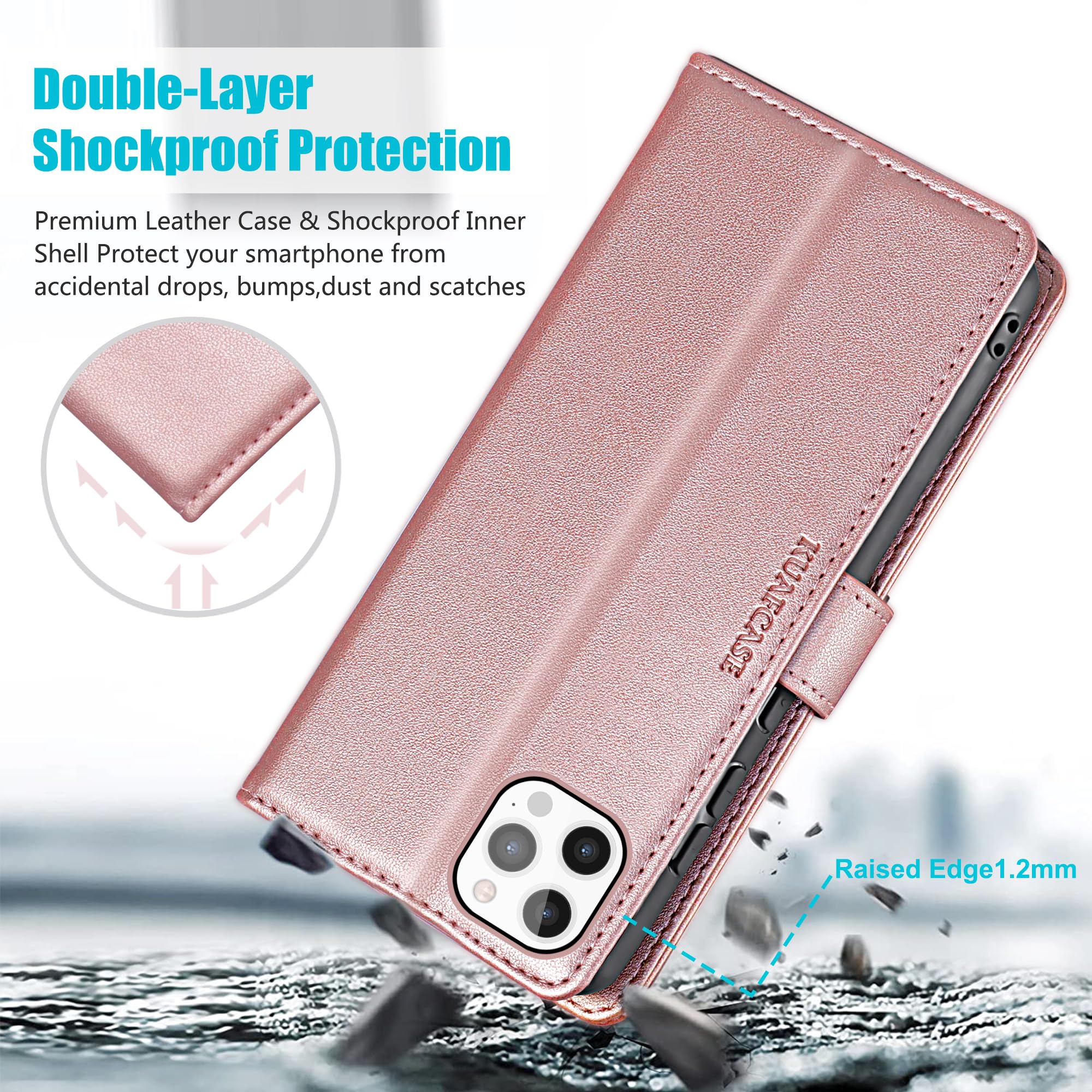 Kuafcase Compatible for iPhone 12 Pro Max Case with 4 Card Slots Magnetic Closure Kickstand Shockproof Protective Phone Case Compatible for iPhone 12 Pro Max - Image 3