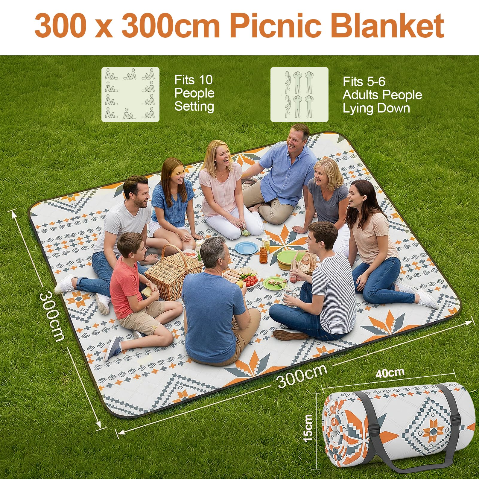 Picknickdecke 300x300 cm Wasserdicht Maschinenwaschbar: Stranddecke Sandfrei Outdoor Decke Waschbar Faltbar Strandmatte mit Tragegurt - perfekt für Strand, Camping & Picknick (8-10 Personen)