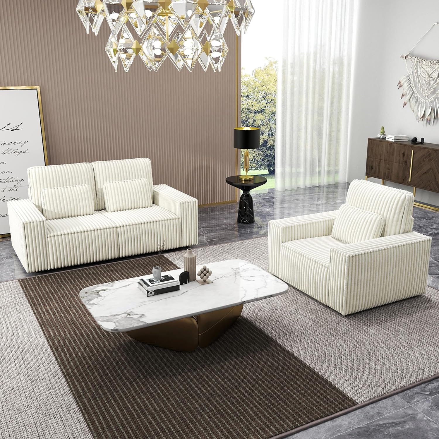 mikibama 2PC Corduroy Sofa Couch with Chair Set for Living Room,Modern 2 Piece Loveseat Sofa and Armchair Set，Deep Seat 2 Seater Couch with Accent Chair for Office,Apartment