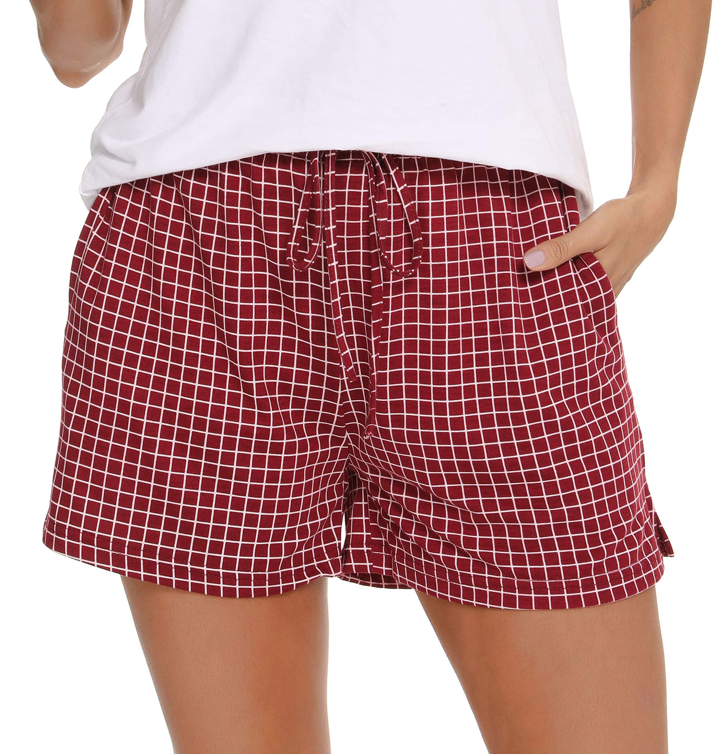 Lovasy Kurze Schlafhose Damen Karierte Schlafshorts mit Taschen und Kordelzug Schlafanzughosen für Damen Sommer Kurzer Pyjamahose