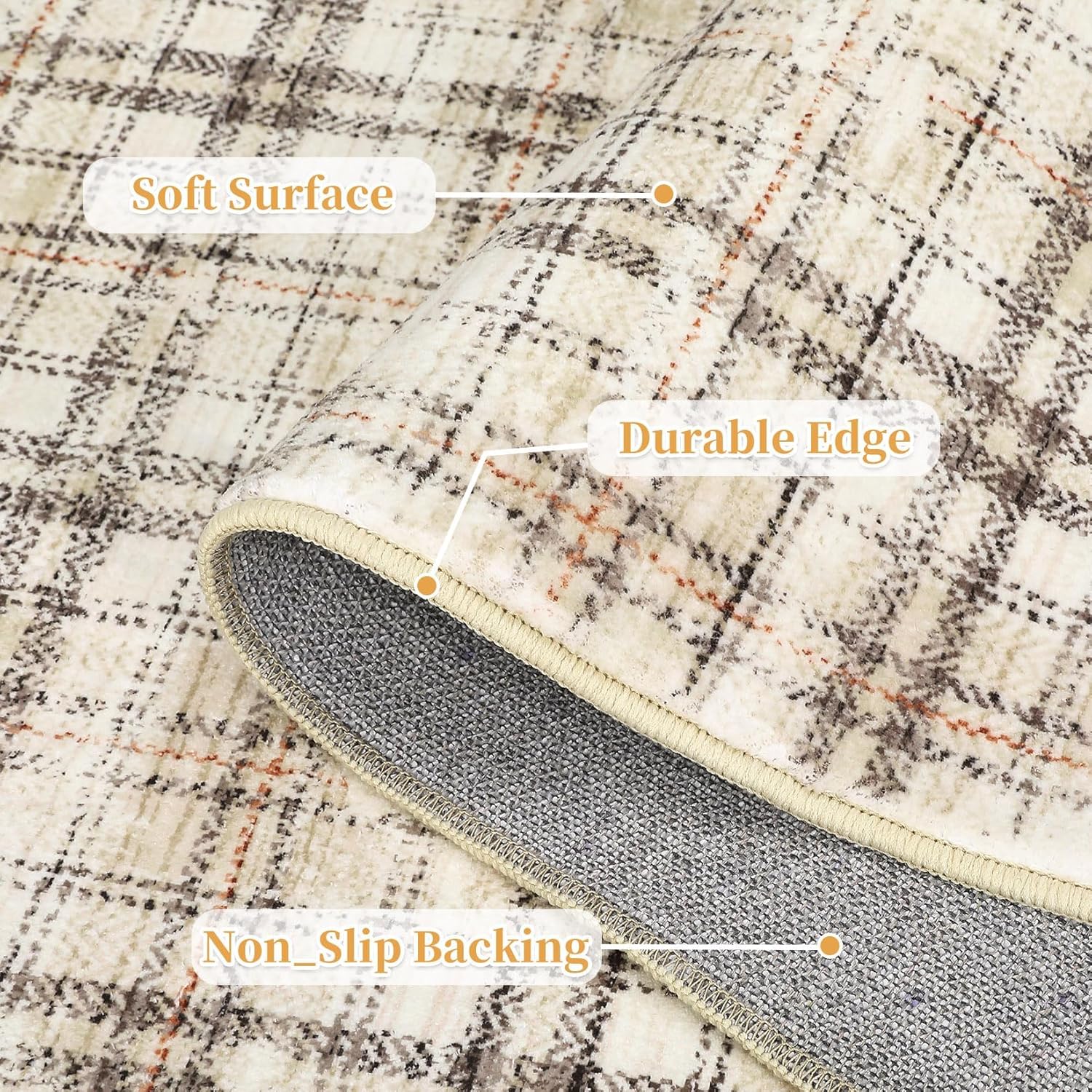 Large Area Rug 9x12 Plaid Rug Washable Rugs for Living Room Non Slip Soft Farmhouse Non-Shedding Carpet Indoor Low Pile Foldable Rugs for Bedroom Dining Room Nursery Playroom Beige