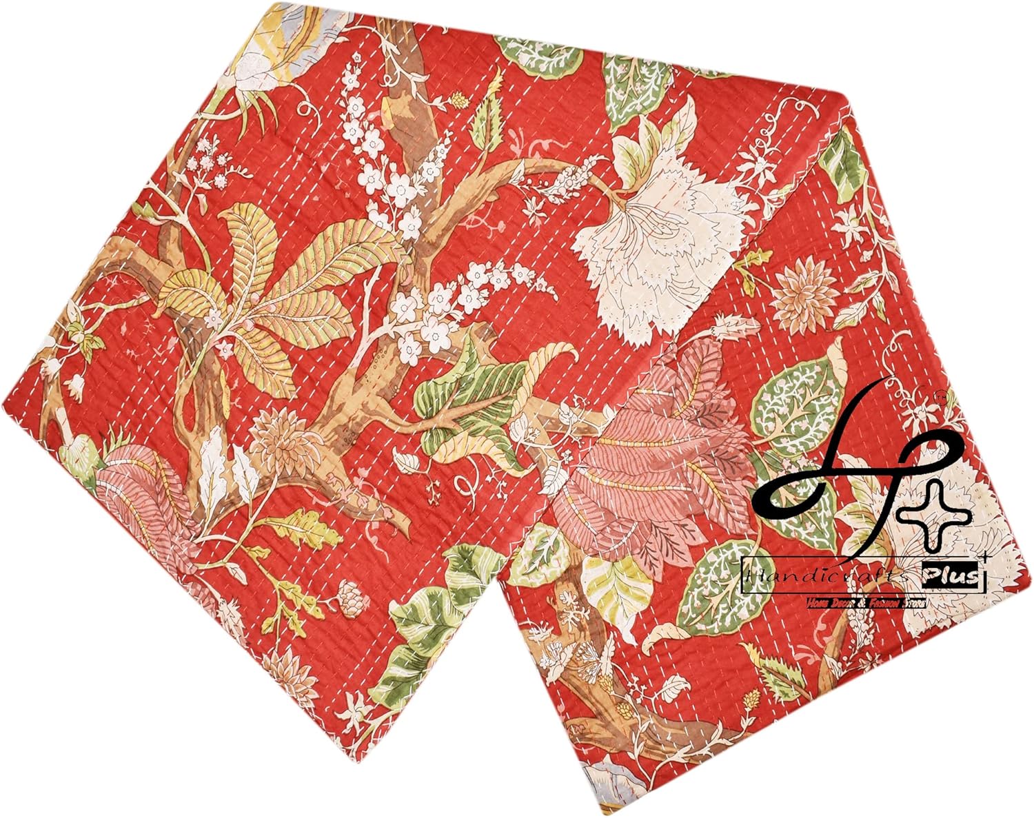 New Cotton Kantha Quilt Traditional Blanket Handmade Bedsheet Red Coverlet Floral Print Throw 90X108