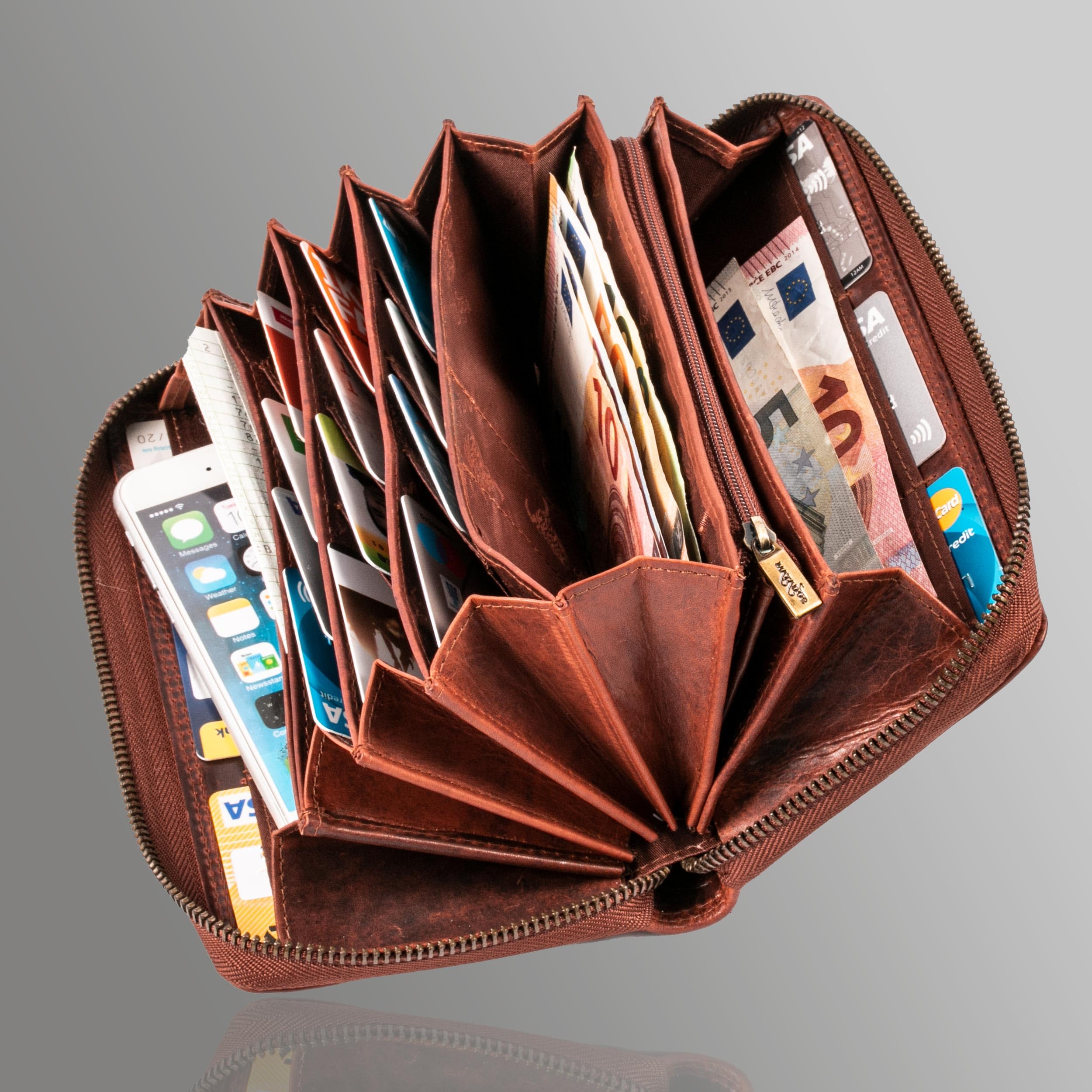 MATADOR XL Karten Portemonnaie Geldbeutel Damen Leder Groß #GIRONA mit edler Geschenk Box, Portmonee Geldbörse Damen Gross mit RFID Blocker, Geldtasche Brieftasche, Damenportemonnaie Blumen Braun