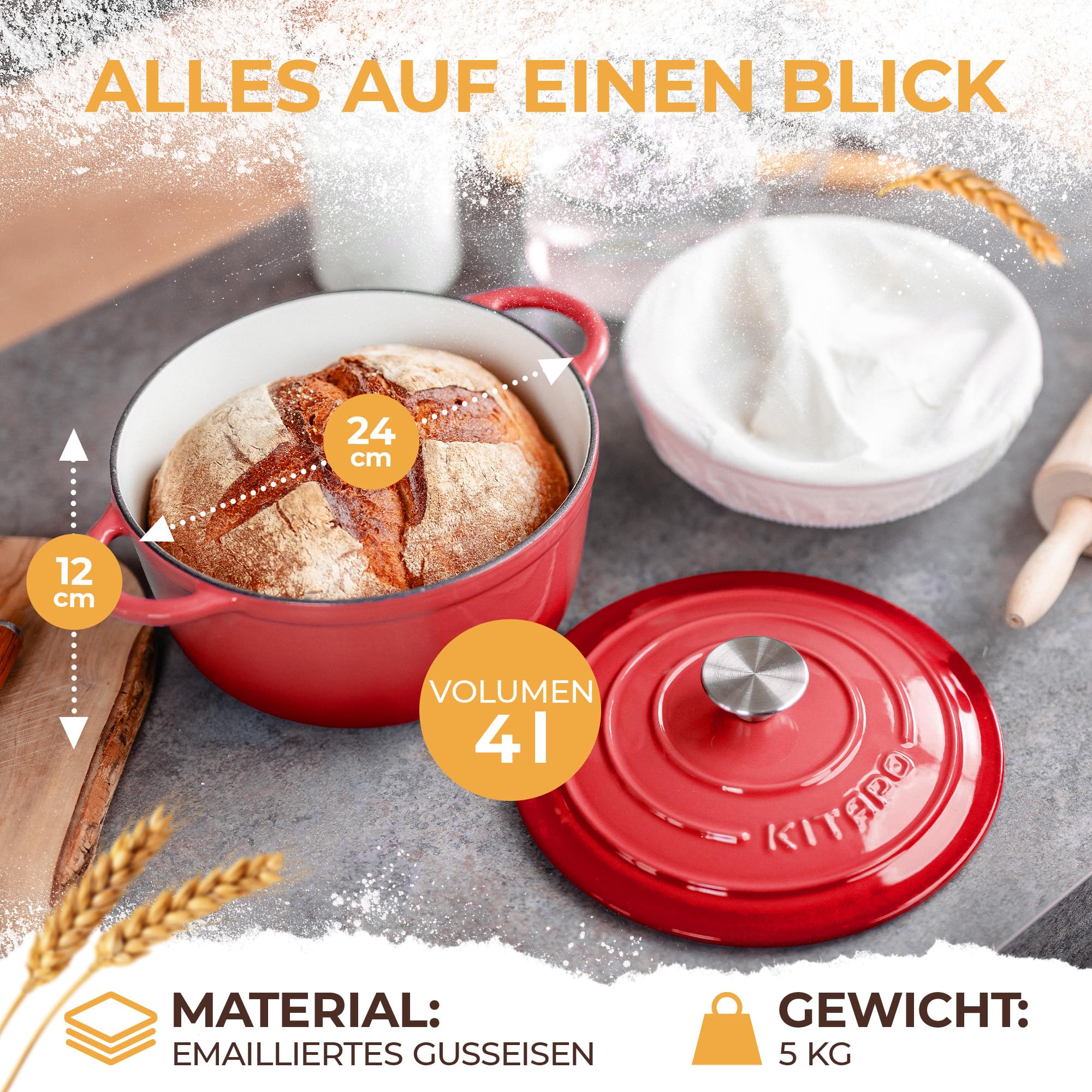 Pentola in ghisa [incl. cestino per la lievitazione + panno per impasto] – Pentola smaltata di alta qualità 24 cm – ideale per cuocere il pane in ghisa – pentola per pane in ghisa – accessorio