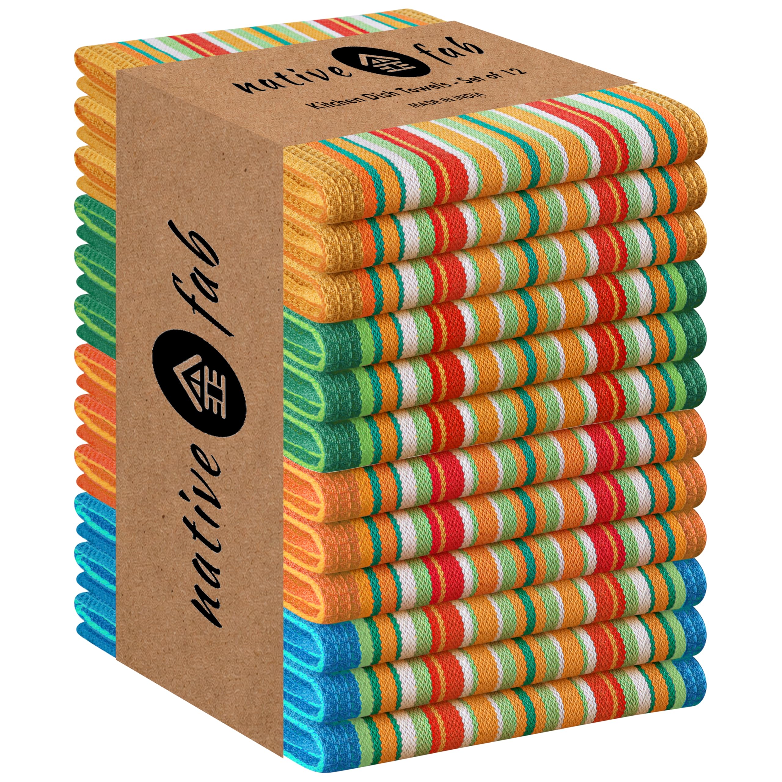 Native Fab 12 Pack Mexican Salsa Stripe Kitchen Towels, 18x28 Inches, Colorful Dishcloth Set, 100% Cotton, Everyday Use, Kitchen Hand Towel for Cleaning, Absorbent, Washable Drying Towels, Assorted