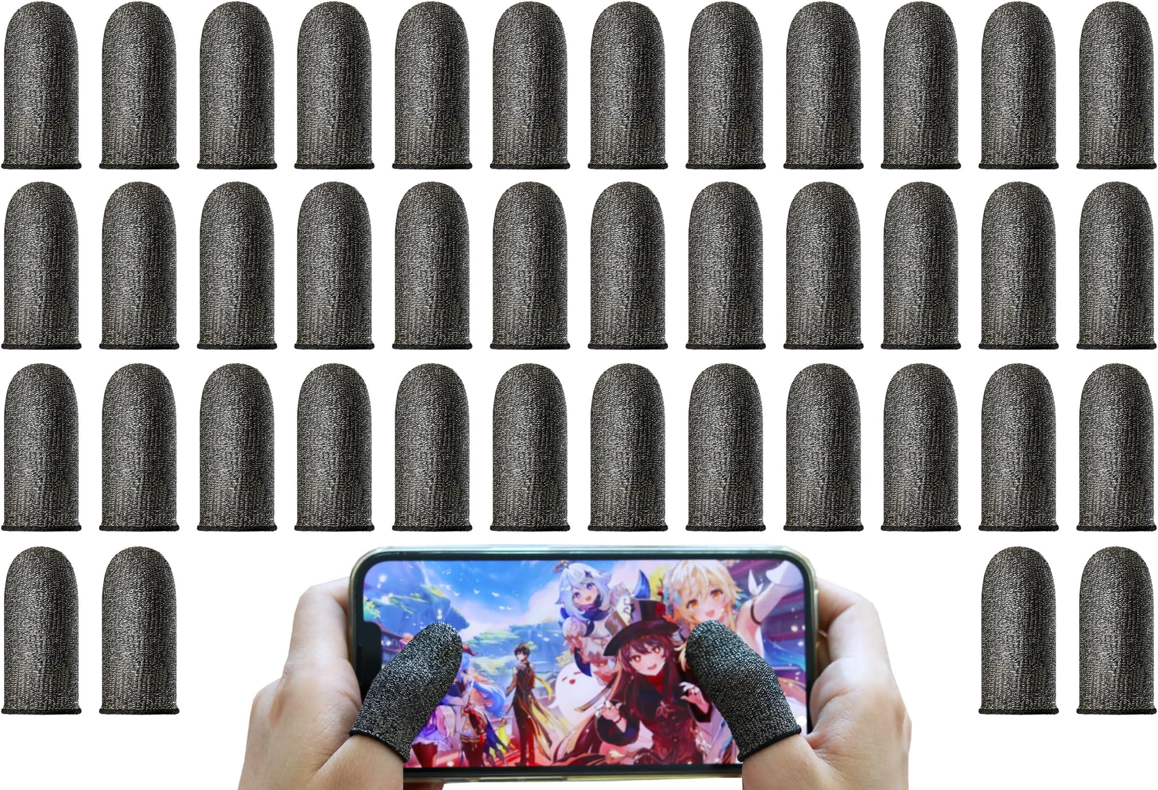 40 Pack Gaming Finger Sleeves for Mobile Gaming - Smooth Operation, Anti-Sweat, Premium Silver Fiber Finger Sleeves Fit All Mobile Phone Tablet Touchscreen Devices,(Black)